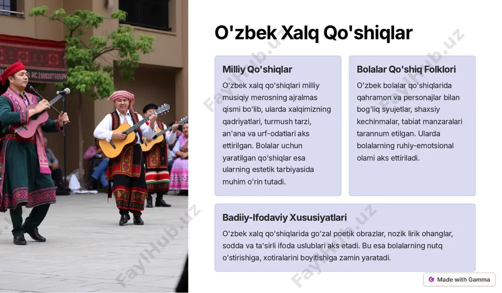tps://gamma.app/?utm_source=made-with-gamma xulosa va natijalar o'zbek bolalar folklori milliy qadriyatlar, an'analar, mafkuraviy-ma'naviy qarashlarga boy bo'lgan boy meros hisoblanadi. u bolalarning ma'naviy- axloqiy tarbiyasida, estetik va intellektual rivojlanishida muhim rol o'ynaydi. bugungi kunda bu an'anaviy boylikni saqlab qolish, rivojlantirish va avlodlarga yetkazish, zamonaviy shakllar va vositalar orqali keng ommalashtirib borishning dolzarb ahamiyati bor. https://gamma.app/?utm_source=made-with-gamma