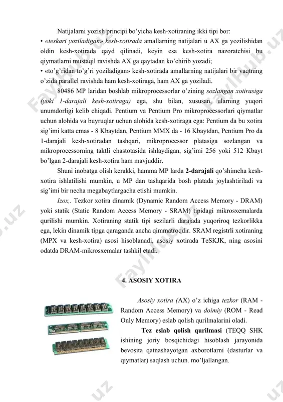 ish qurilmalarini oladi. tez eslab qolish qurilmasi (teqq shk ishining joriy bosqichidagi hisoblash jarayonida bevosita qatnashayotgan axborotlarni (dasturlar va qiymatlar) saqlash uchun. mo’ljallangan. teqq - energiyam bog’liq xotira: kuchlanish uzilganda unda saqlanayotgan ma’lumot yo’qoladi. teqq, asosini yarim o’tkazgichli eslab qolish elementlarining (triggerlarni) matricasini o’z ichiga olgan katta integral sxemalar tashkil etadi. eslab qoluvchi elementlar matricaning vertikal va gorizontal shinalarining kesishishida joylashgan; ma’lumotlarni yozish va o’qish tanlangan xotira yacheykasiga tegishli bo’lgan elementlar bilan ulangan matricaning shinalari bo’yicha elektr impulslarni berish orqali amalga oshiriladi. konstruktiv jihatdan tezkor xotira elementlari ayrim xotira modullari ko’rinishda bajariladi - katta bo’lmagan plataga bitta yoki bir nechta mikrosxemalar kavsharlangan. qo’llaniladigan modullar tiplari: - dip (dual in line package) va sipp (single in line package), hozir juda kam qo’llanilmoqda; - simm (single in line memory module); simm modullari 256 kbayt, 1, 4, 8, 16, 32 yoki 64 mbayt sig’imga ega, saqlanayotgan bitlar juftligini nazorat qilinadi va nazorat kilinmaydi; …