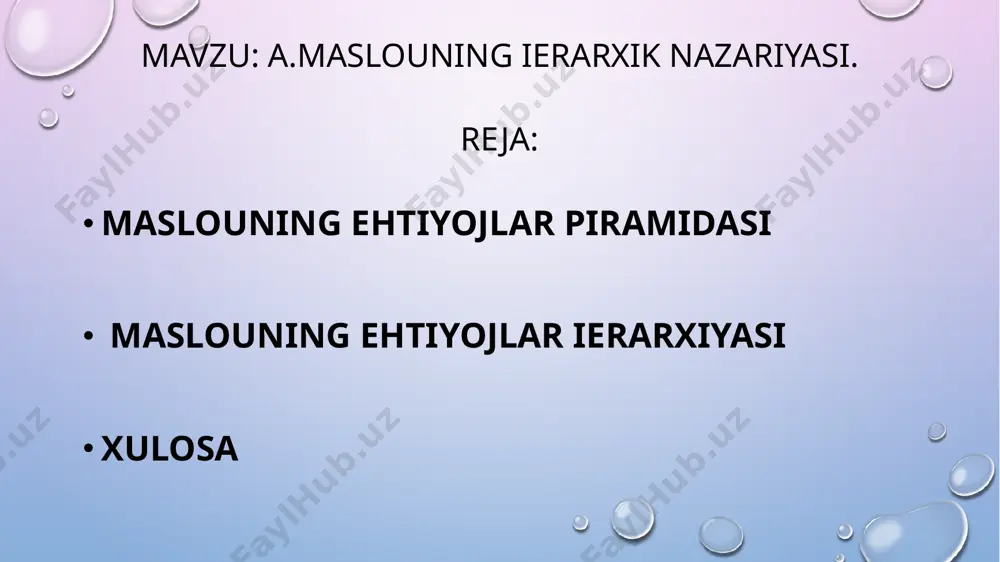 gi zaruriyatdir. ular sotsial xarakterdagi ehtiyojlar sirasiga kiradi. ehtiyojlar piramidasining yuqoriroq bo’g’inida hurmatga bo’lgan ehtiyoj yotadi. bu ehtiyojlar kishining boshqalar tomonidan tan olinishiga bo’lgan ehtiyoj, ya’ni mavqe, nufuz, shon-shuhrat, muvaffaqiyat demakdir. karl rojers kabi maslou ham insonning hayotda o’z o’rnini topishi masalasiga alohida urg’u bergan, bu jarayon o’z yashirin imkoniyatlari haqiqatga aylanishi uchun uning shaxs sifatida o’sishi va rivojlanishidan iborat. fiziologik ehtiyojlar eng muhim fiziologik ehtiyojlarga yashash uchun zarur bo’lgan narsalar kiradi. bunday ehtiyojga quyidagi misollarni keltirish mumkin: oziq-ovqat suv nafas olish gomeostazis bazis ehtiyojlarga oziq-ovqat, havo va haroratdan tashqari uy-joy va kiyim-kechaklar ham kiradi. xavfsizlikka bo‘lgan ehtiyoj maslouning ehtiyojlar piramidasining ikkinchi bo’g’iniga ko’tarilib borishimiz bilan, u yangi darajadagi zaruriyatlar bilan murakkablashib boradi. bu bosqichda xavfsizlikka, ya’ni tinchlik, tartib, himoyaga bo‘lgan ehtiyoj birlamchi ehtiyojga aylanadi. insonlar o’z hayotida tartib va nazorat bo’lishini xohlaydilar. shu boisdan ushbu bo’g’inda xavfsizlik va himoyaga bo’lgan ehtiyoj xulq-atvorga nihoyatda chuqur ta’sir ko’rsatadi. xavfsizlikka bo’lgan ehtiyojga …