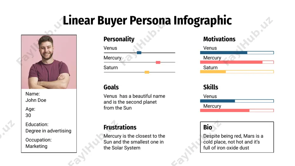 closest planet to the sun and the smallest one in the system frustrations interests personality introvert extrovert passive active analytical creative 20 40 40 60 linear buyer persona infographic occupation name: john doe age: 50 60% 40% income range self-employed salaried 25% 75% $20.000—$30.000 $30.000—$40.000 hours/week: 40 linear buyer persona infographic studies: degree in advertising gender: female age: 26 marital status: single income range: $1500-$2000 job: project manager 30% books 50% clothes 90% music basic info shopping choices hobbies travel photography sports 22 year, female, single, madrid publicist, $1500-2000 per month arts, travel, shopping, music personal job studies hobbies degree in advertising linear buyer persona infographic linear buyer persona infographic age range 0 daily screen time 1 hr 2 hrs basic info 10 20 30 40 50 60 70 80 90 100 income range 0k 10k 20k 30k 40k 50k 60k 70k 80k 90k 100k 3 hrs 4 hrs 5 …