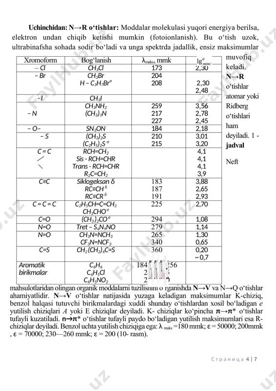 onini oshirib borish bilan shu molekulani ko‘zga ko‘rinadigan nurlar yutadigan qilish, ya’ni uni rangli holga o‘tkazish mumkin, chunki ko‘zga ko‘rinadigan soha (400-800 mmk) da nur yutadigan barcha moddalar ranglidir. haqiqatan ham butadien-1,3 (qo‘shbog‘lar ikkita, λmaks ≈127 mmk) rangsiz bo‘lgani holda pomidorda uchraydigan likopin pigmenti (s40n56 qo‘shbog‘lar o‘n beshta, λmaks ≈504 mmk ) qizil ranglidir. ikkinchidan: n→q o‘tishlar: n →σ* va n→π* o‘tishlar shular jumlasidandir. n →σ* o‘tishlar uzoq yoki yaqin ultrabinafsha sohada, o‘zida geteroatom tutuvchi to‘yingan birikmalarda uchraydi. n→π* o‘tishlar esa to‘lqin uzunligi katta bo‘lgan yaqin ub-va ko‘zga ko‘rinadigan sohaga muvofiq keladi.ular umumlashmagan juft tutuvchi geteroatom qo‘shbog‘ bilan bog‘langan hollarda kuzatiladi. s = o, s = s, -n=n- kabi xromoforlar n→π* o‘tishga muvofiq keladigan yutilish maksimumlariga ega. bundan, tashqari, ana shu xromoforlarda n →σ* va π→π* kabi o‘tishlar kam uchraydi. n→q o‘tishlarning eng asosiysi va muhimi n→π* dir. n→π* o‘tishlar jadalligi kam (ε=100 dan kichik). taqqoslash uchun π→π* o‘tishlarda ε …