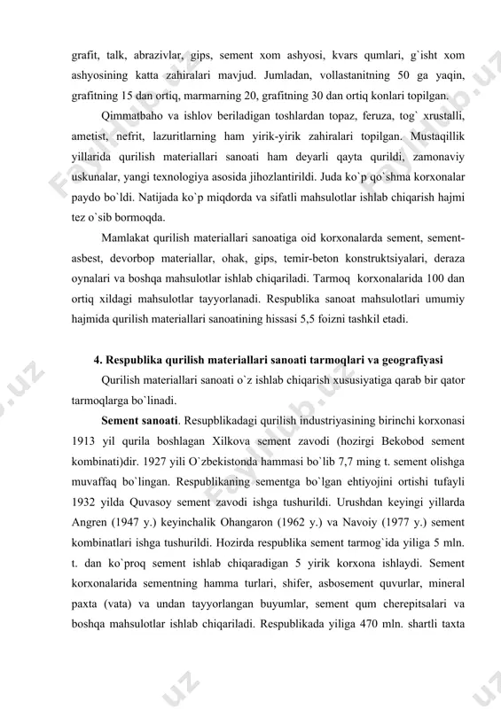 ement kombinati)dir. 1927 yili o`zbekistonda hammasi bo`lib 7,7 ming t. sement olishga muvaffaq bo`lingan. respublikaning sementga bo`lgan ehtiyojini ortishi tufayli 1932 yilda quvasoy sement zavodi ishga tushurildi. urushdan keyingi yillarda angren (1947 y.) keyinchalik ohangaron (1962 y.) va navoiy (1977 y.) sement kombinatlari ishga tushurildi. hozirda respublika sement tarmog`ida yiliga 5 mln. t. dan ko`proq sement ishlab chiqaradigan 5 yirik korxona ishlaydi. sement korxonalarida sementning hamma turlari, shifer, asbosement quvurlar, mineral paxta (vata) va undan tayyorlangan buyumlar, sement qum cherepitsalari va boshqa mahsulotlar ishlab chiqariladi. respublikada yiliga 470 mln. shartli taxta (plita) hisobida shifer ishlab chiqariladi. tekis va to`lqinsimon shiferlar ohangaron, quvasoy, bekobod sement kombinatlarida tayyorlanadi. toshtaroshlik (toshga sayqal berish) ham qurilish materiallari sanoatida alohida ahamiyat kasb etadi. bir tomoni tog`lar bilan tutashib ketgan aksariyat viloyatlarimiz hududlarida toshtaroshlik yaxshi rivojlangan. sanoatning mazkur turi, ayniqsa, navoiy, samarqand, qashqadaryo, toshkent, surxondaryo viloyatlari va qoraqalpog`iston respublikasida rivojlangan. tabiiy toshlar (marmar va granitdan) ishlangan …