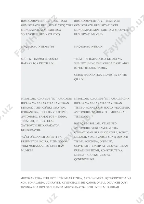 hususiyatlarini ta’riflashga muvaffaq bo‘ldi. u sodda va murakkab tizimlar hususiyatlarini alohida o‘rganib chiqdi. u sodda tizimlar tashqi muhitga nisbatan yopiq bo‘lishi va, aksincha, murakkab tizimlarning tashqi muhitga nisbatan ochiq ekanligini ko‘rsatib bera oldi. tashqi muhit bilan aloqa qilish bo‘yicha tizimlar ochiq va yopiq bo‘ladi. masalan, universitet – ochiq tizim. tashqi muhitdan universitetga axborot, moddiy va moliyaviy resurslar, ishga kiruvchi kadrlar, abiturientlar kirib keladi. universitetdan tashqi muhitga axborot, ishdan bo‘shuvchi kadrlar, bitiruvchilar chiqib ketadi. yopiq tizim tashqi muhit bilan nisbatan kamroq axborot, energiya, resurs va mahsulotlarni bilan almashinib turadi. masalan, xalqaro savdo va xalqaro moliyaviy xamkorlik a’zosi bo‘lmagan mamlakat yopiq iqtisodiyotga ega bo‘ladi. muvozanat holati bo‘yicha tizimlar muvozanatli va muvozanatsiz bo‘ladi. muvozanat yoki muvozanatsizlik holati ham dinamik, ham statik tizimda kuzatilishi mumkin. masalan, vaqt o‘tgan sari mahsulot bozorida talab va taklif xajmlari eksponensial o‘sish sur’atlarda o‘zgarsa va shu bilan birga ularning xajmi bir-biriga doimo tengligi saqlanib borsa, u holda bozordagi talab …