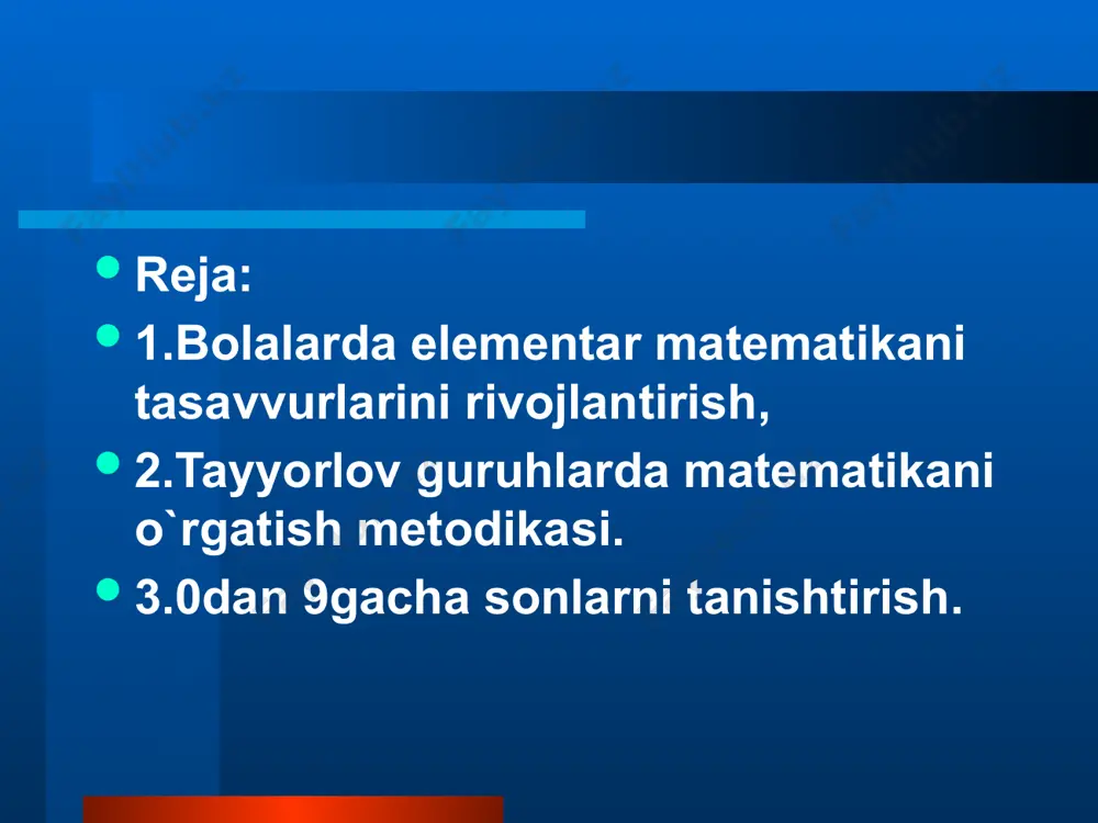 belgisidir. bolalarga sonni tushuntirishda raqam qo‘shimcha, yordamchi bosqichdir. bolalarni raqamlarni yozishga o‘rgatilmaydi, faqat bosma ko‘rinishi bilan tanishtiriladi. bolalar har bir raqam qaysi sonning belgisi ekanligini ajrata bilishlari lozim. hammasi bo‘lib 10 ta raqam bor: 0,1,2,3,4,5,6,7,8,9. 10 raqami yo‘q. 10 soni ikkita raqam: 1 va 0 bilan belgilanadi. bitta mashg‘ulotda bitta yoki ikkita raqam bilan tanishtirish mumkin. masalan “1” raqami bilan tanishtirishda tarbiyachi sanoq kartochkasiga bitta o‘yinchoq qo‘yadi, ularning oldiga 1 ta doirali kartochkani qo‘yadi. darsda alohida va umumiy ishni birgalikda mohirona olib borish differentsiallashgan o`qitishni amalga oshirishda muhim hisoblanadi. o`qituvchining mahorati darsda o`quvchilar uning tushuntirishlarini qanday qabul qilishlariga, o`quvchilar qanday ishlashlariga, savollarga javob berishda va olishga qarab baholanadi. hozirgi zamon o`qituvchisi o`zida yuqori professional pedagogik madaniyatni, demokratik kelajkni ko`ra bilish sifatlarini mujassamlashtirish; o`zi o`qitadigan fanning so`nggi yutuqlarini, pedagogik va metodik nazariyani yaxshi bilish; psixologiya ma'lumotlariga asoslanishi; o`quvchilarning aqliy va axloqiy rivojlanishi usullarini izlashi kerak. dars samaradorligi o`quv materialining mazmuni bilan …