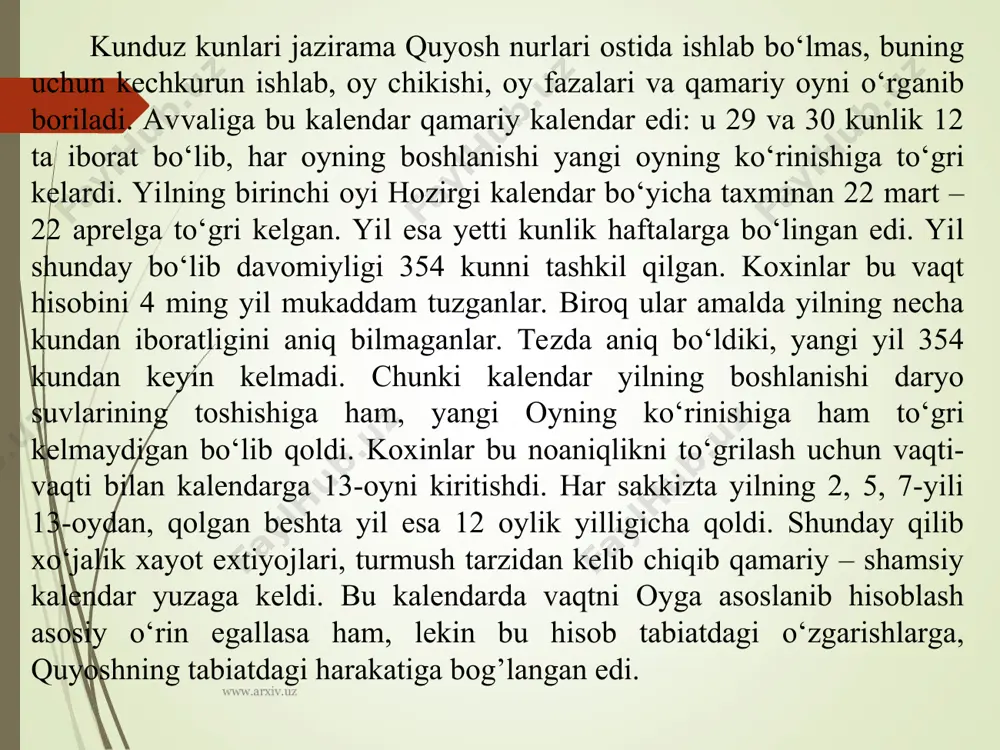 0 … bobilliklarda shundat odat bor. ularning ichida yemishi faqat baliq bo`lgan uch qabila bor. tutilgan baliqni ular quyoshda qoqlaydilar va keyin shunday qiladilar: baliqni hovonchaga tashlaydilar va og`ir dasta bilan maydalaydilar, keyin esa dokadan qilingan g`alvirdan o`tkazadilar. keyin bu xamirdan istasalar ho`l xamir qoradilar yoki non yopadilar. gerodot bobil to`g`risida www.arxiv.uz www.arxiv.uz 194 … pastdan daryo bo`yicha bobilga suzadigan kemalar mutlaqo dumaloq va to`laligicha teridan qilingan. osuriyadan yuqorida yetgan armanistonda bobilliklar kemani osti uchun toldan xivich kesadilar, [polni] tashqi tomoni kemani [aylana] tagiga o`xshatib qalin terilar bilan tortadilar. www.arxiv.uz www.arxiv.uz podsho xammurapi qonunlari xammurapi (er. avv. 1792 – 1750 yillar) amoriylar sulolasining oltinchi podshosi. uning qonunlari 1901- yilda fransuz arxeologlari tomonidan elamning poytaxti suzada topilgan. parijdagi luvr muzeyida saqlanadi. qonunlar qora ba`zalt toshiga o`yib yozilgan va bobildan elamlilar tomonidan o`lja qilib, er. avv. xii asrda suzaga olib ketilgan. qonunlar to`plami 287 moddadan iborat, lekin ustunda 247 modda saqlanib qolgan, …