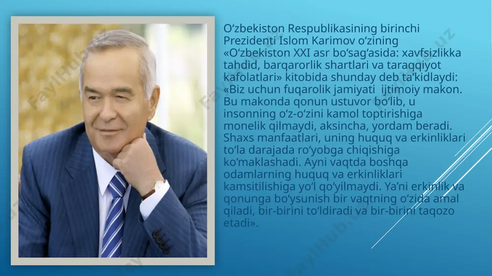 aroning tabiiy huquqlarini so‘zsiz e’tirof etish va himoya qilish; 3) hokimiyatning qonuniyligi va demokratik xususiyati; 4) qonun va odil sud oldida hammaning tengligi, har bir shaxsning yuridik jihatdan ishonchli himoyalanganligi; 5) hokimiyatning uchga bo‘linishi va hokimiyatlarning o‘zaro aloqasi prinsipiga asoslangan huquqiy davlat; 6) siyosiy va mafkuraviy plyuralizm, konstruktiv muxolifatning mavjudligi; 7) so‘z va matbuot erkinligi, ommaviy axborot vositalarining mustaqilligi; 8) fuqarolarning shaxsiy hayotiga davlatning aralashmasligi, ularning o‘zaro majburiyatlari va burchlari; 9) sinfiy va milliy totuvlik, ijtimoiy sherikchilik; 10) odamlarning munosib turmush darajasini ta’minlovchi samarali ijtimoiy siyosat. fuqarolik jamiyati qator tamoyillarga tayanib faoliyat ko‘rsatadi. jumladan: siyosiy sohada hamma odamlarning huquq va erkinliklarining tengligi; butun jahon hamjamiyatida yuridik kuchga ega bo‘lgan qonunlar asosida fuqarolar huquq va erkinliklarini kafolatlangan huquqiy himoyasi; individlarni mulkka ega bo‘lish va halol mehnati uchun adolatli haq olish huquqiga asoslangan iqtisodiy mustaqilligi; qonun bilan kafolatlangan fuqarolarni manfaatlari, kasbiy belgilari bo‘yicha davlatdan va partiyadan mustaqil ijtimoiy birlashmalarga birlashish imkoniyatlari; partiya …