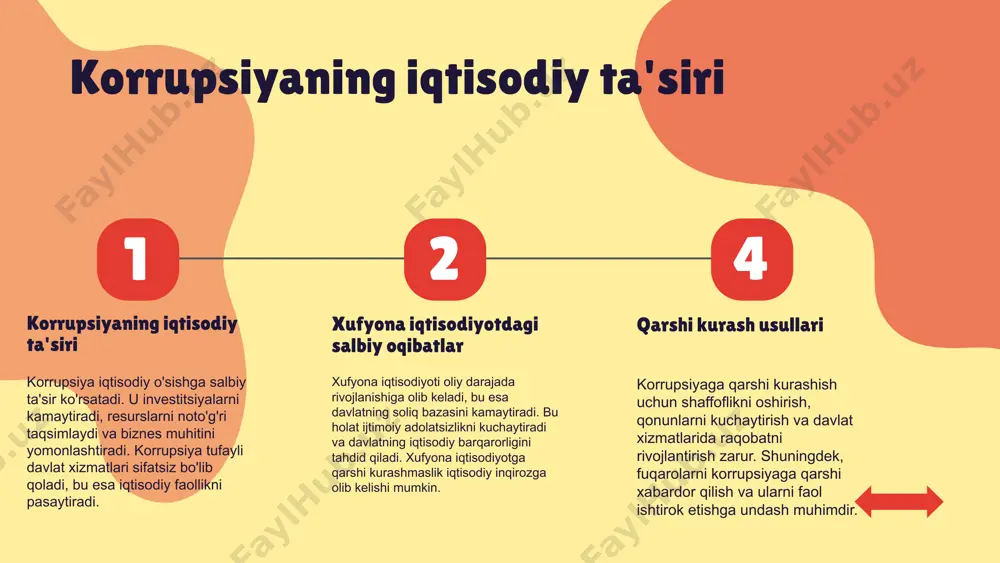 o'zgarishlar korrupsiya darajasini pasaytirishga va jamoatchilikning ishonchini oshirishga ijobiy ta'sir ko'rsatmoqda. 1 2 4 xalqaro tajribalar va ularni o'rganish xufyona iqtisodiyotga qarshi kurash usullari. singapur va janubiy koreya korrupsiyani kamaytirishda muvaffaqiyat qozongan. ular kuchli qonunchilik va shaffoflikni ta'minladilar. o'zbekiston uchun takliflar: xalqaro tajribalarni moslashtirish, qonunchilikni kuchaytirish. xalqaro tashkilotlar bilan hamkorlikni rivojlantirish muhim. photo by scott graham on unsplash siyosiy va ijtimoiy omillar siyosiy omillar va ularning ta'siri: siyosiy barqarorlik, qonun ustuvorligi, va korrupsiyaga qarshi chora-tadbirlar xufyona iqtisodiyotning rivojlanishiga ta'sir qiladi. har bir davlatning siyosiy omillari iqtisodiy faoliyatni qanday boshqarishi va rivojlantirishida muhim rol o'ynaydi. ijtimoiy omillar va xufyona iqtisodiyotga ta'siri: ijtimoiy omillar xufyona iqtisodiyotga bevosita ta'sir qiladi. jamiyatdagi ijtimoiy tengsizlik, ishsizlik darajasi, va ta'lim imkoniyatlari kabi omillar iqtisodiy beqarorlikni kuchaytiradi va xufyona iqtisodiyotning kengayishiga sabab bo'lishi mumkin. o'zbekistonda ijtimoiy barqarorlikni ta'minlash davlatning ijtimoiy siyosatiga bog'liq bo'lib, bu iqtisodiy taraqqiyot va korrupsiyaga qarshi kurash uchun muhimdir. ijtimoiy siyosat va iqtisodiy taraqqiyot: …