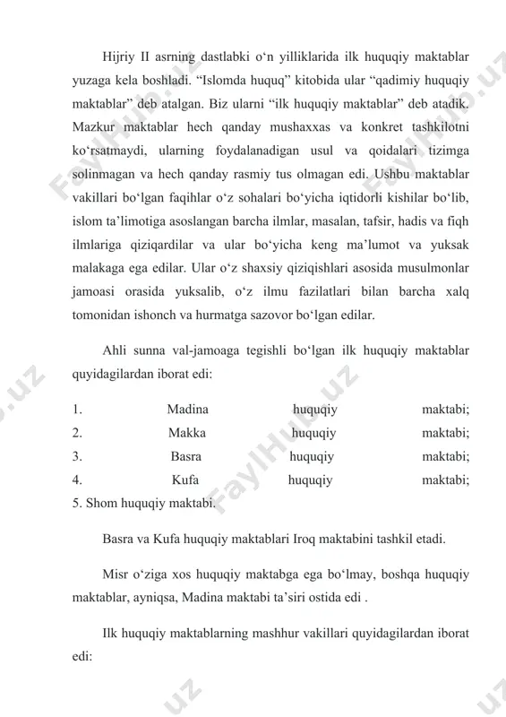 lar qur’onga asoslanar edi va sunnaga katta e’tibor qaratardi. o‘sha davrlarda qiyos, shariatning asosiy manbai sifatida o‘z rivojlanish bosqichlarini bosib o‘tmagani uchun, ular ushbu metoddan keng ko‘lamda foydalanmasdilar deyish mumkin. xulosa: zamon o‘tishi bilan islom dini keng miqyosda tarqalib, turli dinlarga mansub kishilar unga o‘tgani, ayrim siyosiy, ijtimoiy va aqidaviy sabablarga ko‘ra musulmonlar orasida yuzaga kelgan qarama-qarshiliklar oqibatida islom muxoliflari tomonidan ko‘p to‘qima hadislar ishlab chiqilib tarqatila boshlandi va bu hodisa ushbu manbadan qat’iy ishonch bilan foydalanishni og‘irlashtirdi. shu vaqtlarda hadislarni chuqurroq o‘rganib, tahlil qilish, ular orasidan to‘qima hadislarni chiqarib tashlash va faqatgina haqiqiy hadislar, ya’ni payg‘ambarimiz sollallohu alayhi vasallamdan rivoyat qilingan hadislardan huquqiy manba sifatida foydalanish zarurati yuzaga keldi. bunday yondashuv bir tomondan hadisshunoslik ilmining rivojlanishiga sabab bo‘lgan bo‘lsa, ikkinchi tomondan, yangi huquqiy maktablarning yuzaga kelishi uchun zamin yaratib berdi. ilk huquqiy maktablarning ish uslubiga tanqidiy yondashilib, har bir maktab tarkibida yangi uslub tarafdori bo‘lgan olimlar yuzaga keldi. shunday …