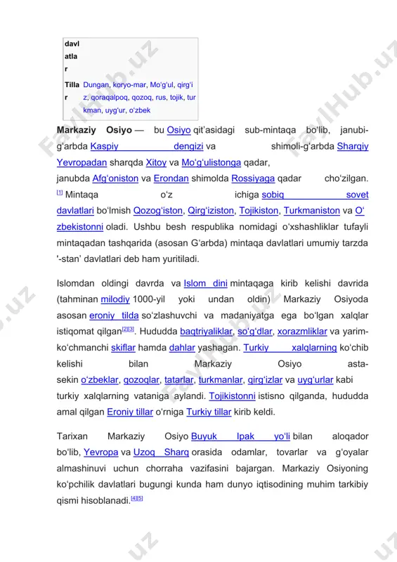 kopetdogʻdan sharqda marv vohasi, shuningdek hirot va balx kabi muhim hududlar joylashgan. tyan-shan togʻlarining ikki tumshugʻi sharqdagi togʻlar orasida uchta oʻziga xos 'koʻrfazlarni' hosil qiladi. ularning ichida eng yirigi shimolda, sharqiy qozogʻistonda boʻlib, bu hudud tarixan yettisuv, yoki semirechye (ruscha: semiréche) deb nomlangan va bu hududda balxash koʻli joylashgan. oʻrtaliqda kichik, lekin zich aholiga ega boʻlgan fargʻona vodiysi joylashgan. janubda esa keyinchalik toxariston deb atalgan baqtriya joylashgan boʻlib, bu hudud janubda hindukush togʻlari bilan chegaralangan. sirdaryo (yaksart) fargʻona vodiysida boshlansa, amudaryo (oks) baqtriyada boshlanadi. bu daryolarning har ikkisi ham shimoli-gʻarbga, orol dengiziga qarab oqadi. amudaryo orol dengiziga quyiladigan joyida yirik deltani hosil qiladi va bu hudud xorazm, keyinchalik xiva xonligi deb atalgan. amudaryo shimolida nisbatan notanish, lekin samarqand va buxoro kabi savdo-sanoat markazlarini suv bilan taʼminlovchi zarafshon daryosi joylashgan. mintaqadagi yana bir yirik savdo markazi toshkent boʻlib, bu shahar fargʻona vodiysiga kirish nuqtasidan shimoli-gʻarbda joylashgan. amudaryodan shimoldagi hududlar movarounnahr, shuningdek, …