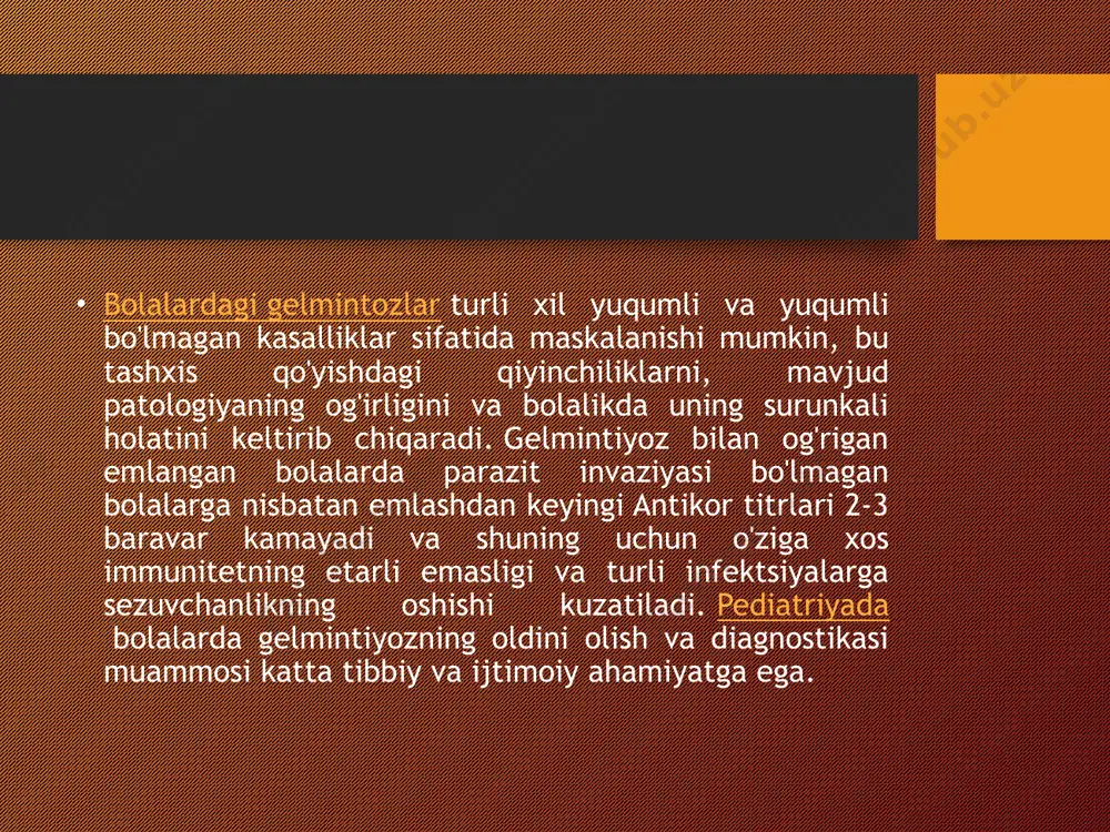 chun surunkali dermatozlar, gastroenterologik patologiya, bronxopulmoner kasalliklar, allergik reaktsiyalar bo'lgan bolalar gelmint infektsiyalari uchun tekshirilishi kerak. bolalarda gelmintiyozning o'tkir bosqichida qon o'zgarishi kuzatiladi: eozinofiliya, jigar biokimyoviy namunalarining ko'payishi (alt va ast, bilirubin, timol testi, gidroksidi fosfataza). dastlabki bosqichlarda serologik usullar informatsion bo'lishi mumkin: rif, elishay, rnga, rsc va boshqalar. bolalarda gelmintik patogenlarni aniqlash uchun biologik material qon, najas, safro, balg'am, perianal hududdan qirib tashlash/smear bo'lishi mumkin. ko'pincha bolalarda gelmintiyozning turli shakllarini tashxislash uchun qurtlarning tuxumlari uchun najasni o'rganish, gistologik koprogramma o'tkaziladi. pinworm tuxumlarini aniqlash uchun perianal burmalardan enterobioz uchun qirib tashlash amalga oshiriladi. echinokokkozda jigar, o'pka, miya va boshqa organlarning kistalarini aniqlaydigan instrumental usullar (rentgenografiya, ultratovush, kt, mri, endoskopiya) muhim diagnostik ahamiyatga ega. trichinellyoz bilan parazit lichinkalarini aniqlash uchun teri va mushaklarning biopsiyasi amalga oshiriladi. opistorxoz bilan o'n ikki barmoqli ichakning tarkibini o'rganish bilan o'n ikki barmoqli ichakni tekshirish kerak. bolalardagi gelmintlarning etiotropik terapiyasi anthelmintic dorilar bilan amalga oshiriladi. davolashning …