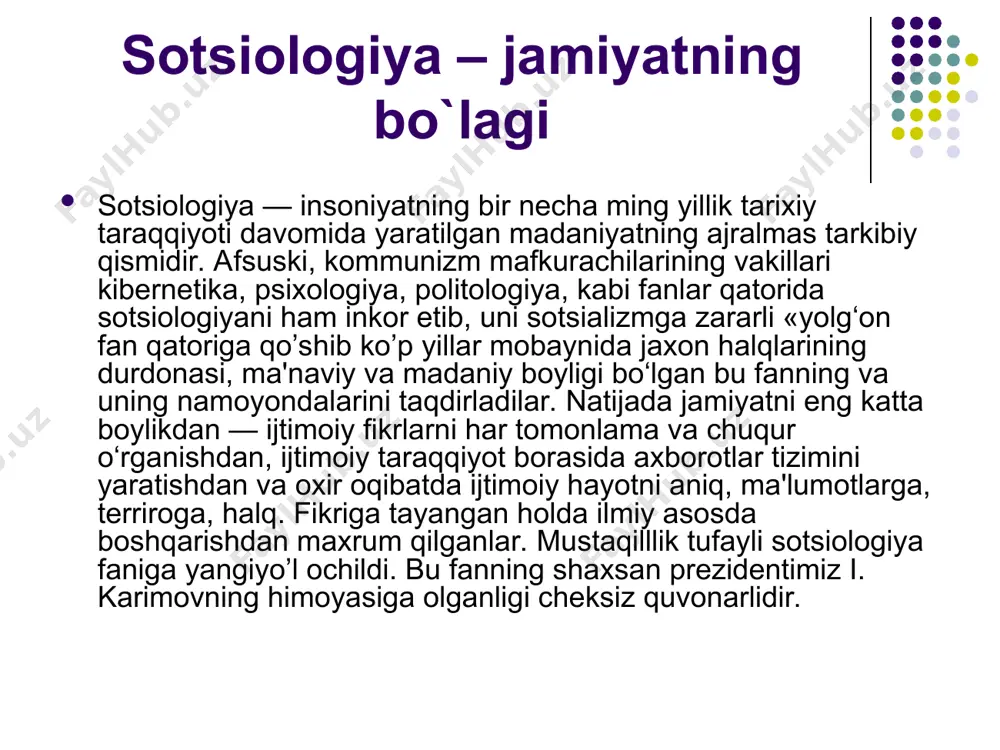 r u yoki bu munosabatlarni bajaradilar.. jamiyatdagi kishilarning qanday tabaqalarga taqsimlanishi, ushbu jamiyatning qanday kishilardan iborat ekanligi, jamiyat ichki faoliyatida kishilarning o‘zlarini qanday tutishlari va ular orasida o‘zaro munosabatlarning qay darajada ekanligi, alohida bir kishilarning xatti-harakati natijasida katta ahamiyatga molik bo‘lgan ijtimoiy tarixiy jarayonlarning vujudga kelishi, inson xatgi-harakatini qanday kuchlar boshqarib turishligi— kishilarning o‘zaro munosabatlaridagi xarakterining o‘zagini tashkil etadi. uchinchidan, jamiyat taraqqiyoti uning rivojlanishi nuqtai-nazaridan o‘rganiladi. dunyodagi barcha hodisalar vaqtlar o‘tishi bilan o‘zgaradi. taraqqiyotning misli ko‘rilmagan sur'atlar bilan rivojlanib borishi jamiyatdagi qadriyatlarni o‘zgartirib, o‘zga ikkinchi yoki uchinchi bir qadriyatlar bilan qorishtirib yubormoqda, kechagi avlodning yashash tarzi bugungi avlodnikiga mos kelmay qolmoqda, bugungi avlodniki esa ertangi avlodni yashash tarziga mos kelmaydi, ya'ni vaqt kutib turmaydi. shuning uchun jamiyatni to‘liq tushunish uchun nafaqat uning tuzilishi va rivojlanishini, balki uning o‘tmishini, ya'ni tarxini ham sinchiklab o‘rganish, bu jamiyatni qanday tarkib topganligini, qanday shakllanganligini, rivojlanganligini bilmoq jamiyatni to‘liq tushunmoqlikka imkon yaratadi. jamiyat ijtimoiy hodisaning …