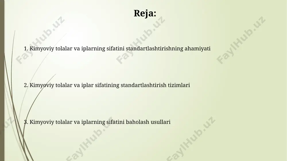 muvofiqlikni ta'minlashga yordam beradi. xalqaro standartlar va milliy standartlar iso 9001 халқаро стандартига мувофиқ, ўзбекистондаги ип-йигирув корхоналарининг 20 дан ортиқ тури маҳсулот сифатини назорат қилиш бўйича миллий стандартларга риоя қилиши шарт. халқаро стандартлаш ташкилоти (iso) томонидан тасдиқланган 100 дан ортиқ стандарт химик толалар ва ипларнинг сифатини белгилашда, жумладан, европа мамлакатларида, кенг қўлланилади. kimyoviy tolalar va iplarning asosiy xususiyatlari poliamid tolalarining mustahkamligi 4-6 g/teks oralig'ida, cho'zilishi esa 20-25% ni tashkil etadi va bu ko'rsatkichlar toshkentdagi laboratoriyalar tomonidan tekshiriladi. kimyoviy tolalar, masalan, viskoza, o'rtacha 15-20 mikrometr diametrga ega bo'lib, uzunligi 50-100 mm gacha yetadi va samarqanddagi ishlab chiqarish zavodlarida standartlashtiriladi. sifat nazorati usullari va sinovlari пахта ипларининг кучини аниқлашда, astm d2256 стандартига асосланиб, ақшдан олиб келинган универсал синов машинасида 100 та намуна синалади ва узлуксизлик коэффициенти ҳисобланади. толаларнинг узунлигини аниқлаш учун iso 1833-2 стандартига асосланиб, 500 та тола ўрнагини ўзбекистоннинг ипак комбинатидаги махсус асбоблар ёрдамида ўлчаш ва таҳлил қилинади. kimyoviy tolalar va …