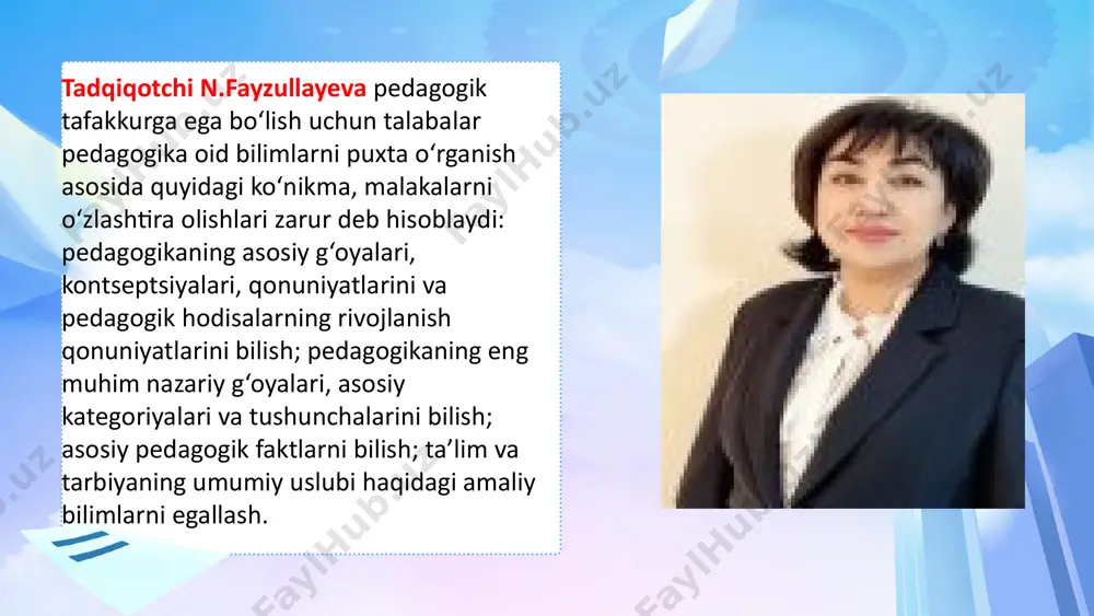 ng maqsadga muvofiqligi haqida gapirish mumkin. kreativlikni bo‘lajak o‘qituvchining yaxlit qiyofasiga hamroh bo‘ladigan sifatlar tizimining tarkibiy qismi sifatida qarash lozim. 4. individuallashtirish tamoyili. ushbu tamoyilning asosiy jihati har bir talabaning individual tarbiyaviy ish uslubini, uning shaxsiy rivojlanishining o‘ziga xos trayektoriyasini va ruhiy jarayonlarning ishlash xususiyatlarini hisobga olishdan iborat. shunda dasturning har bir ishtirokchisining individual natijasi, shaxsiy xususiyatlar sifatida kreativlikning shakllanish darajasiga mos keladigan ijodiy yutug‘i bo‘ladi. demak, kreativlikni rivojlantirishning pedagogik shart-sharoitlari sinfda maqsadli ravishda yaratilgan ijodiy tarbiyaviy muhitga bog‘liq bo‘lishi mumkin; o‘qituvchining ijodiy xulq-atvori namunasining mavjudligi va talabalarning ijodiy qobiliyatlarini ifodalovchi sifatida o‘qituvchining shaxsiyati; talabalar va o‘qituvchilarning birgalikda yaratilishi; ijodiy faoliyatdagi subyektiv o‘rni; ijodiy muhitni saqlash va muvaffaqiyat holatlarini yaratish. talabalar ijodining eng samarali rivojlanishi ijodiy ta’limning uzluksiz tizimi sharoitida maqsadli, har tomonlama pedagogik ta’sir ko‘rsatish orqali ta’minlanadi e`tiboringiz uchun raxmat !!! image1.jpeg image2.png image3.png image4.png image5.png image6.png image7.png image8.jpeg image9.emf image10.jpeg image11.jpeg image12.jpeg image13.png image14.jpeg image15.jpeg image16.png /docprops/thumbnail.jpeg