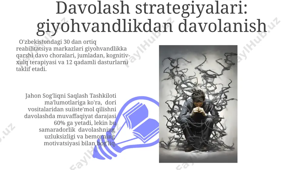 ess va giyohvandlikning birgalikdagi oqibatlari giyohvandlikka bog'liq kasalliklar, masalan, jigar sirrozi, stress ostida tezroq rivojlanadi va 50% gacha holatlarda, ayniqsa, rivojlanayotgan mamlakatlarda, o'lim bilan tugashi mumkin. 2022-yilgi hisobotlarga ko'ra, stress va giyohvandlik tufayli yuzaga kelgan ruhiy salomatlik muammolari, masalan, depressiya va tashvish, evropaning shimoliy mamlakatlarida aholining 15% dan ortig'ida kuzatilgan. giyohvandlikning stressga javob berish mexanizmlarini o'zgartirish usullari giyohvandlikka bog'liqlik miyaning stressga javob berish tizimida, xususan, hipotalamus-gipofiz-buyrak korteksi (hgbk) o'qining faolligini 20-30% ga o'zgartirib, kortizol darajasini 1,5-2 baravar oshiradi. o'zbekistondagi tadqiqotlar shuni ko'rsatdiki, giyohvand moddalarni uzoq muddatli iste'mol qilish prefrontal korteksning faoliyatini pasaytiradi, bu esa stressga moslashish qobiliyatini 50% ga kamaytiradi. giyohvandlikning stressga ta'siri o'zbekiston sog'liqni saqlash vazirligining ma'lumotlariga ko'ra, giyohvand moddalarni suiiste'mol qilish natijasida yuzaga kelgan stressning 15% dan ortig'i depressiya va boshqa ruhiy kasalliklarga olib keladi. giyohvandlikka qaramlik miyasi limbik tizimida, xususan amigdalada stress gormonlari darajasini 20-30% ga oshiradi, bu esa qo'shimcha tashvish va xavotirga olib keladi. ijtimoiy-iqtisodiy omillar: …