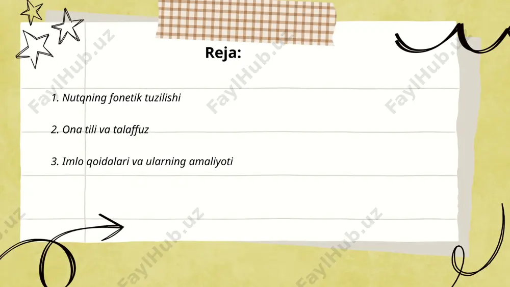 o‘stni". shuningdek, so‘zlar o‘zbek tiliga moslashtirib yoziladi, masalan "kompyuter" emas, balki "kompyuter". imlo qoidalariga rioya qilish kommunikatsiyani aniqroq qiladi va tushunishdagi xatoliklarni kamaytiradi. maktablarda imlo mashg‘ulotlari muntazam o‘tkazilib, amaliyot mustahkamlanadi. imlo lug‘atlari va qo‘llanmalar ushbu jarayonni yanada yengillashtiradi. ... t.me/slaydai_bot 4. fonematik o‘zgarishlar va talaffuz fonematik o‘zgarishlar va talaffuz tillarda tovushlarning o‘zgarishi jarayonini ifodalaydi. bu o‘zgarishlar fonemlarning almashishi yoki tovushlarning tushishi orqali yuzaga keladi. masalan, o‘zbek tilida eski turkiy so‘zlar zamonaviy talaffuzda o‘zgarishga uchragan. talaffuz esa, so‘zlarning qanday aytilishini anglatadi va vaqt o‘tishi bilan dialektlar yoki tilning rivojlanishi sababli o‘zgarishi mumkin. o‘zbek tilida turli lahjalar mavjud bo‘lib, ular talaffuzdagi ayrim farqlar bilan ajralib turadi. fonetik o‘zgarishlar tilning tarixiy rivojlanishida muhim rol o‘ynaydi va bu o‘zgarishlar o‘z navbatida talaffuzga sezilarli ta’sir ko‘rsatadi. ... t.me/slaydai_bot o‘zbek tilida urg‘u va intonatsiya muhim ahamiyatga ega. urg‘u so‘zning qaysi bo‘g‘ini kuchliroq talaffuz qilinishini aniqlaydi. o‘zbek tilida urg‘u odatda oxirgi bo‘g‘inga tushadi. intonatsiya esa so‘z yoki …