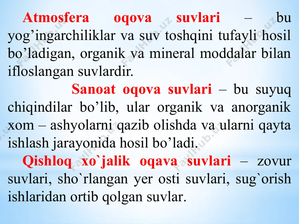 darajasi yuqori bo’lgan moddalardan tozalashga qo’llaniladi. 2. kimyoviy oksidlash - oksidlantiruvchi sifatida ozon, xlor, kislorod, vodorod pereoksidi va boshqa moddalar ishlatiladi. 3. biokimyoviy usul. oqova suvlarni organik moddalardan tozalashning destruktiv usullariga quyidagilar kiradi: 1. termooksidlash – 900-1000°c da amalga oshiriladi. ushbu usul zaharlik darajasi yuqori bo’lgan moddalardan tozalashga qo’llaniladi. 2. kimyoviy oksidlash - oksidlantiruvchi sifatida ozon, xlor, kislorod, vodorod pereoksidi va boshqa moddalar ishlatiladi. 3. biokimyoviy usul. ushbu usul mikroorganizmlar yordamida suvni tozalashdir. bu usul aerob va anaerob sharoitda amalga oshirilishi mumkin. aerob usullarida yashash faoliyati uchun erkin kislorod zarur bo’lgan mikroorganizmlar qo’llaniladi. ushbu jarayon aerotenk deb ataluvchi apparatlarda amalga oshiriladi. anaerob usullarida kislorodsiz muhitda hayot kechiradigan mikroorganizmlar yordamida suv tozalaniladi. anaerob usullari metantenk deb ataluvchi apparatlarda amalga oshiriladi. oqova suvlarning erigan anorganik moddalardan tozalash usullari oqova suvlarni tarkibiga anorganik moddalarning miqdoriga ko`ra quyidagi usullar qo’llaniladi: • reagent usullar a)neytrallash. kislotali va ishqoriy suvlar va havzalarga tushirilishdan avval neytrallanish shart, …