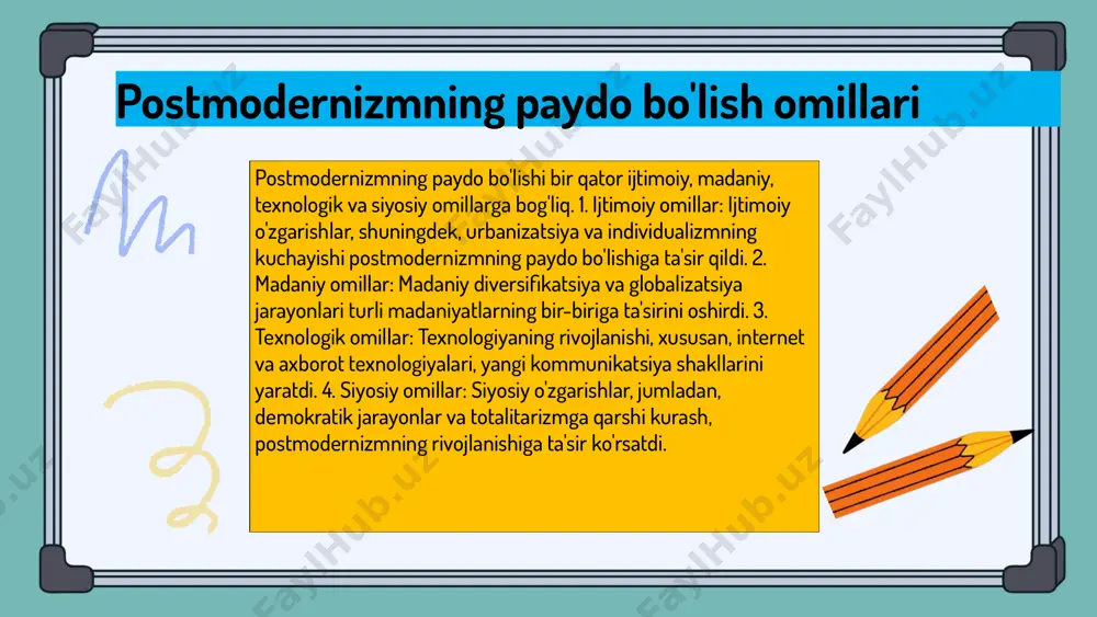 sabatlarni rivojlantirishda muhim rol o'ynaydi. xulosa postmodernizm - 20-asrning ikkinchi yarmi va 21-asr boshlarida yuzaga kelgan madaniy va san'atiy harakat bo'lib, an'anaviy qiymatlarni savol ostiga qo'yadi. ushbu davrda ijtimoiy va madaniy o'zgarishlar, jumladan, globalizatsiya va texnologik taraqqiyot, san'at va adabiyotga sezilarli ta'sir ko'rsatdi. postmodernizm jamiyatda ko'p qirralilik va ko'p madaniylikni qo'llab-quvvatlaydi, kelajak istiqbolida esa bu yondashuvning rivojlanishi davom etishi kutilmoqda. foydalanilgan adabiyotlar 1. shukurov, m. postmodernizm tushunchalari. o'zbekiston milliy universiteti, 2022 2. qodirov, a. postmodern adabiyot va uning asosiy xususiyatlari. fan va texnologiya, 2021 3. turobov, s. universal gumanizm va uning jamiyatdagi roli. gumanitar tadqiqotlar, 2023 4. mamatqulov, j. postmodernizm va modernizm: farqlar va o'xshashliklar. adabiyot va san'at, 2020 5. sultonov, r. postmodernizm va ijtimoiy o'zgarishlar. ijtimoiy fanlar jurnali, 2022 e'tiboringiz uchun rahmat! image1.png image2.png image3.png image4.png image5.png image6.png image7.png image8.png image9.png image10.png image11.png image24.jpeg image18.png image19.png image20.png image21.png image22.png image23.png