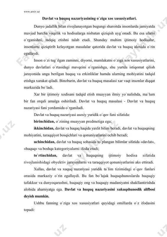 shunoslik alifbosi deyish mumkin. ushbu fanning о`ziga xos xususiyatlari quyidagi omillarda о`z ifodasini topadi: · davlat va huquq nazariyasi jamiyatdagi muhim ijtimoiy xodisa davlat va huquqni о`rganadi; · davlat va huquq inson hayotining asosiy mezoni xisoblanadi; · davlat va huquq bir necha asrlik tarixiy davrni о`z ichiga oladi; · inson о`zi istiqomat qilayotgan zaminga, ya`ni davlatga xamisha qiziqish bilan qaraydi; · inson о`z faoliyati davomida muayyan qoida, norma, ya`ni huquqqa amal qilish barobarida uning mohiyatini anglashga ehtiyoj sezadi; · davlat va huquq dunyo rivoji, jamiyat taraqqiyoti bilan aloqadorlikda rivojlanib boradi. turli tarixiy davrda, muayyan makonda istiqomat qilgan insonlar о`sha davrning siyosiy tuzumi, mafkuraviy-g`oyaviy jixatlari, boshqaruv xususiyatlari, ijtimoiy ongning taraqqiyotidan kelib chiqqan holda, davlat va huquqqa munosabat bildiradi. mamlakatimiz о`z mustaqilligini qо`lga kiritganidan sо`ng jamiyat hayotining barcha jabhalarida bо`lgani kabi davlat va huquqqa ham yangicha qarash, yangicha yondoshuv paydo bо`ldi. mamlakatimiz sobiq ittifoq tarkibiga kirgan vaqtda davlatga iqtisodiy xukmron sinflarning tashkiloti, …