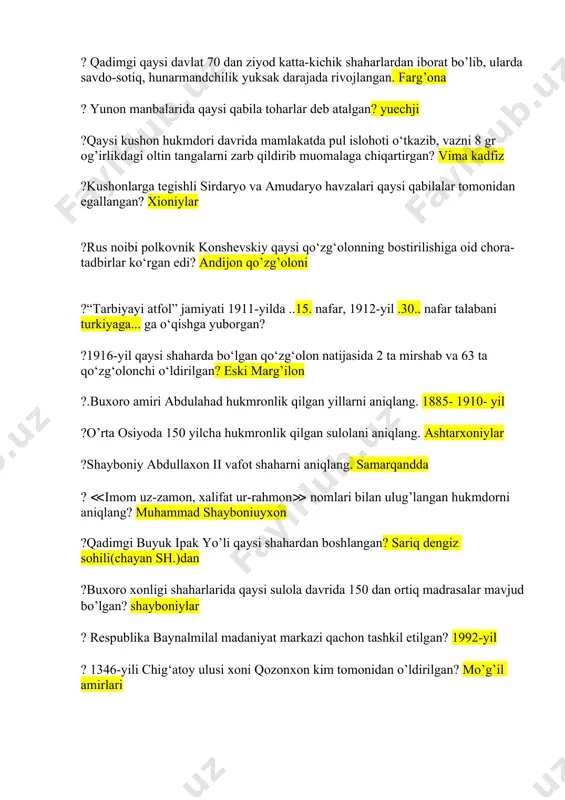 etib saylangan shaxsni aniqlang. e.p.pukalov ?qo‘qon xoni xudoyorxon rossiyaga elchi yuborib, raim istehkomi qurilganidan noroziligini bildirgan vaqtda rus podshosi kim edi? nikolay i ?nechinchi yilda toshkent shaharida telefon aloqasi yo’lga qo’yilgan? 1892-yil ? chor rossiyasi qo‘shinlari o‘ratepa va jizzaxga qarshi harbiy harakatlar olib borgan davrda orenburg general-gubernatori bo‘lgan shaxsni aniqlang. krijanoviskiy ? «rahbari muallimin yoki muallimlarga yo‘ldosh» kitobi muallifini aniqlang. ismoil g’aspirali ? «o‘z urug‘i otini bilmagan, yetti otasini tanimagan qul — manqurtdir!» jumlalari kimga tegishli? behbudiy ? «xurshid» («quyosh») gazetasi muharririni aniqlang. munavvarqori abdurasidxonov ? «turon» teatr truppasi qachon vujudga kelgan? 1913 toshkent da ? rus imperiyasiga qarshi kurashda qaysi shahar himoyasida 10 ming himoyachi askar, 53 to‘p bor edi?jizzax ? rossiya imperiyasi tomonidan 1868-yil 2-may kuni qaysi shahar deyarli jangsiz ishg’ol etilgan? samarqand ? 1852-yil 9-oktabr — qurbon hayiti kuni u toshkentdan chaqirilgan qo'shin bilan qipchoqlar qirg‘inini uyushtirgan hukmdorni aniqlang. xudoyorxon ?qaysi shahar aholisi 1841-yilda qo’qon xoni muhammad …