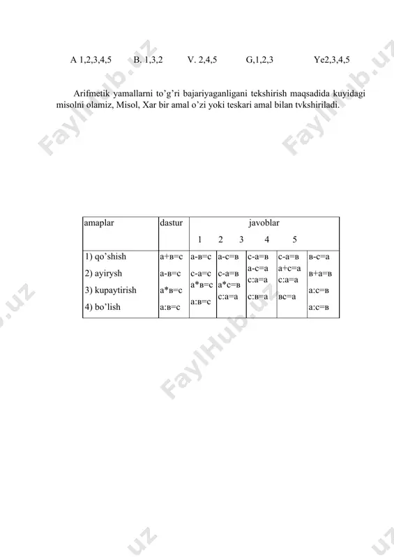 shirish maqsadida kuyidagi misоlni оlamiz, misоl, xar bir amal o’zi yoki teskari amal bilan tvkshiriladi. amaplar dastur javоblar 1 2 3 4 5 1) qo’shish 2) ayirysh 3) kupaytirish 4) bo’lish а+в=с а-в=с а*в=с а:в=с а-в=с c-a=c a*в=c а:в=с а-с=в с-а=в а*с=в с:а=а с-а=в а-с=а с:а=а с:в=а с-а=в а+с=а с:а=а вс=а в-с=а в+а=в а:с=в а:с=в