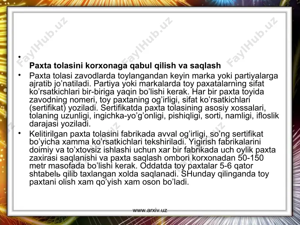 la yordamida aniqlanadi. kar = k1 - a2 + v22 bu yerda: k1 - kam cho’zulamvchan tolaning pishiqligi bo’yicha koeffitsienti 2 - cho’zuluvchan komponentning ulushi, %. 22 - ko’p cho’zuluvchan komponentning ulushi, %. a va v - koeffitsientlar, bu koeffitsientlar kuyidagicha aniqlanadi.\ www.arxiv.uz www.arxiv.uz www.arxiv.uz www.arxiv.uz bu yerda: 1 ,2 - komponentlarning nisbiy chuzuvchanligi. tt1 - kamroq chuzuluvchan tolaning yo’g’onligi, teks. tt2 - ko’prok cho’zuluvchan tolaning yo’g’onligi, teks. r - tolaning struktura xususiyatlariga bog’liq koeffitsient. r = 1,1 - bo’lishi mumkin, qachonki paxta tolasi viskoza tolasi bilan aralashtirilgan bo’lsa. r = 1 - bo’lishi mumkin, qachonki paxta sintetik tolalar bilan aralashtirilgan bo’lsa. r = 0,8 - bo’lishi mumkin, qachonki viskoza sintetik tolalar bilan aralashtirilgan bo’lsa. r = 0,6 - bo’lishi mumkin, qachonki viskoza bilan nitron aralashtirilgan bo’lsa. www.arxiv.uz www.arxiv.uz adabiyotlar: sh.r. marasulov. paxta va ximyoviy tolalarni yigirish. ii qism, toshkent, 1979 y., 43-65 bet. sh.r. marasulov va boshqalar. tolali materiallarning …