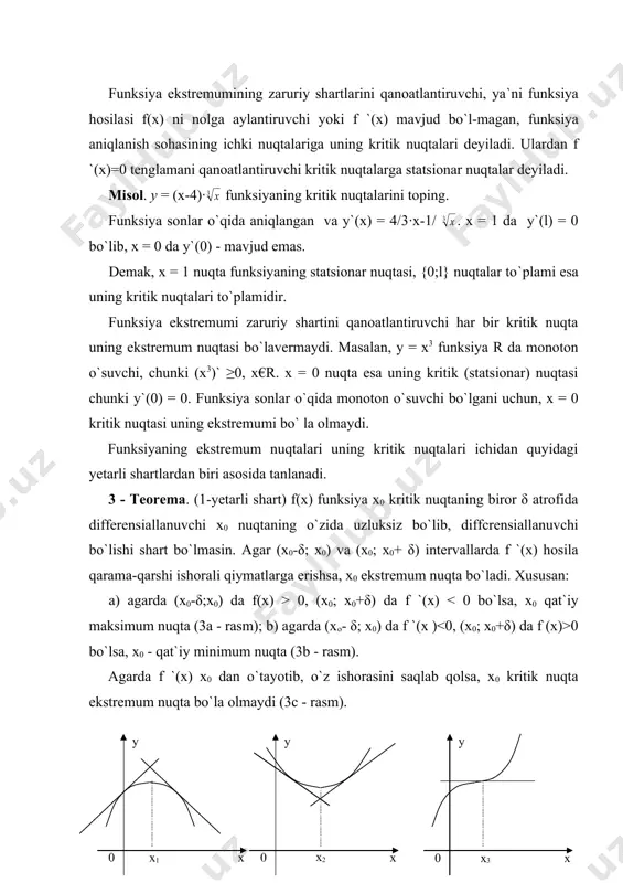 x = 0 kritik nuqta ekstremum nuqta emas, x = 1 nuqta esa, funksiyaning minimum nuqtasi bo`lib, y(l) = - 3. 4 - teorema. (2-yetarli shart) f(x0) = 0 bo`lib, x0 statsionar nuqtada ikkinchi tartibli hosila f "(x0) mavjud bo`lsa, u holda agar f (x0) 0 bo`lsa, x0 - minimum nuqta va agarda f "(x0) = 0 bo`lsa, x0 nuqtada ekstremumning mavjudlik masalasi ochiq qoladi. masala. у = x3 + 6x2 funksiyaning ekstremum nuqtalarini toping. funksiya hosilasi y`= 3-(x2+4x) va y`(x) = 0 tenglama yechimlari x = -4, x = 0 nuqtalar uning statsionar nuqtalaridir. ikkinchi tartibli hosila y"= 6 - (x+2). statsionar nuqtalarda y"(- 4) = -12 0 bo`lgani uchun, ikkinchi yetarli shartga ko`ra x = - 4 - qat`iy maksimum nuqta va y(- 4) = 32, x = 0 - qat`iy minimum nuqta va y(0) = 0. 5 - teorema. (3 - yetarli shart) f(x) funksiya uchun x0 …