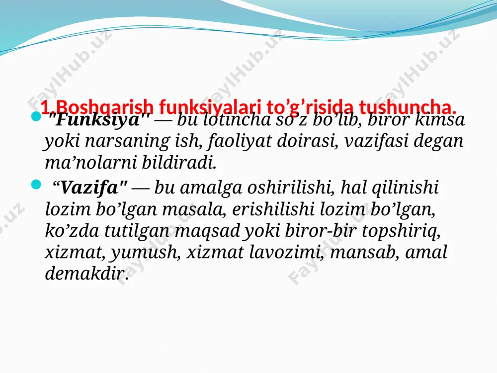 faoliyatini nazorat qilish; rejani muddatida, sifatli va to’liq bajarishni ta’minlash maqsadida ular faoliyatiga o’zgartirish kiritish va yo’l-yo’riq ko’rsatish. shunday qilib, menejment boshqaruv tizimi faoliyatidagi ish jarayonida o’z imkoniyatini namoyon etadi. u mehnat jarayonining barcha jihatlarini qamrab oladi. menejment jarayoni tashkilot oldiga qo’yilgan maqsadga erishish uchun rahbar bilan xodimlar birgalikdagi xatti-harakatlari yig’indisidir. menejment jarayoni operasiyalar, ularni amalga oshirish bosqichlari, vosita va usullari bilan xarakterlanadi. boshqaruv davrining izchil o’zgarib turuvchi bosqichlariga muvofiq holda operasiyalar, rahbarning xatti-harakati boshqarish funksiyasini o’zida namoyon etadi. bu funksiyalar quyidagilar: - rejalashtirish; - tashkil etish; - motivlashtirish; - nazorat. 3.boshqarish usullari to’g’risida tushuncha. boshqarish usullari – boshqarish maqsadlariga erishish usullari yig’indisidir. umumiy ko’rinishda boshqarishning maqsadi mavjud cheklangan resurslar bilan reja, topshiriqlarini to’liq hajmda o’z vaqtida va sifatli bajarishdir. boshqarish usullari boshqarish tizimi pillapoyasida tegishli pog’onani egallovchi bir mavqedagi barcha rahbarlar uchun yagona qoidadir. biroq, tegishli lavozimlar haqidagi yo’riqnomalar, qoida va malakaga oid ma’lumotnomalarda alohida rahbarning boshqarish usullari uning …