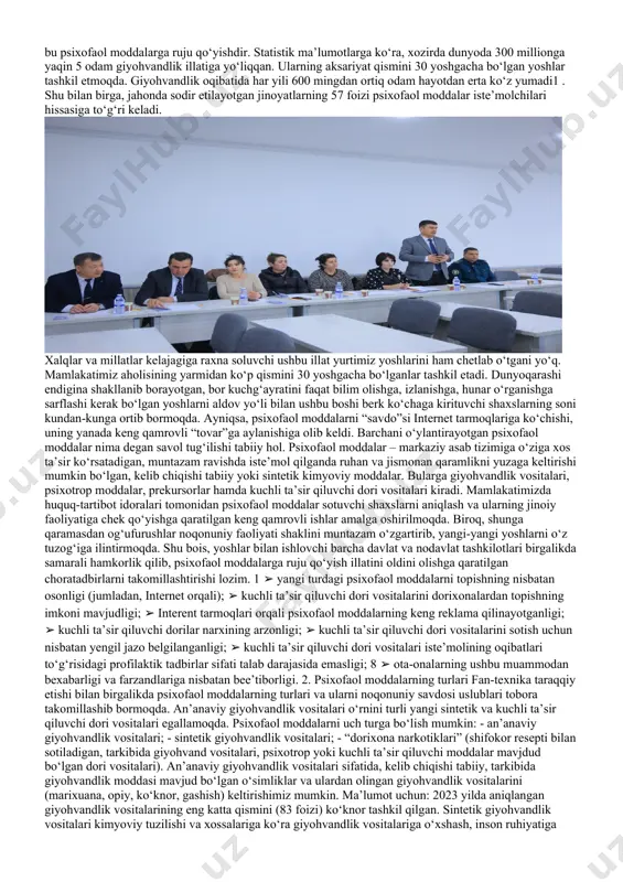 tvorning keng tarqalayotganligidir. addiktiv hulq-atvor – insonning xayotiy reallikdan uzoqlashish istagida muayyan moddani qabul qilish yoki doimiy e’tiborni muayyan narsaga yoki faoliyatga qaratish bilan ruhiy holatini o‘zgartirishdir. bu jarayon kuchli his-tuyg‘ular bilan bog‘liq bo‘lib, shaxsni shu qadar qamrab oladiki, uning hayotini nazorat qila boshlaydi. natijada inson o‘z qaramligi oldida ojiz bo‘lib qoladi va irodasi kuchsizlanadi. mazkur destruktiv hulq-atvorning shakllanishi ko‘p hollarda murakkab hayotiy vaziyatlar bilan bog‘liq bo‘ladi: moddiy qiyinchilik, umidsizlik, ideallarning qulashi, oiladagi va ishdagi nizolar, yaqinlarini yo‘qotish, hayotning keskin o‘zgarishi va boshqalar. addiktiv hulq-atvorning barcha turlarini ikki guruhga bo‘lish mumkin: - kimyoviy qaramlik – alkogolizm, giyohvandlik, oziq-ovqatga ruju qo‘yish (ortiqcha ovqatlanish, anoreksiya, bulimiya, ortoreksiya); - hatti-harakatga qaramlik – internetga, kompyuterga, mobil telefonlarga bog‘liqlik, ishga ruju qo‘yish (trodogolizm), oniomaniya (shopogolizm), patologik sevgi va boshqalar. kimyoviy qaramlikning bugungi kunda eng tez tarqalib borayotgan turi – bu psixofaol moddalarga ruju qo‘yishdir. statistik ma’lumotlarga ko‘ra, xozirda dunyoda 300 millionga yaqin 5 odam giyohvandlik …
