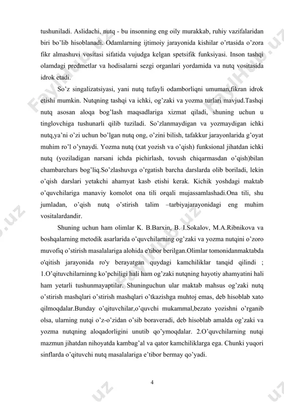 niyatini shakllantirishga xizmat qiluvchi metodlar, vositalar va pedagogik yondashuvlar tizimi. kurs ishining tuzilishi: kirish, 2 bob, 4 paragraf, xulosa va foydalanilgan adabiyotlar iborat. i bob. nutq o‘stirish 1.1. nutq o‘stirish tushunchasi nutq va uni o‘stirish tushunchasi. nutq-kishi faoliyatining turi, titl vositalari (so‘z, so‘z birikmasi, gap) asosida tafakkurni ishga solishdir. nutq o‘zaro aloqa va xabar funktsiyasini, o‘zaro fikrni his-hayajon bilan ifodalash va boshqalarga ta’sir etish vazifasini bajaradi. yaxshi rivojlangan nutq jamiyatda kishining aktiv faoliyatining muhim vositalaridan biri sifatida xizmat qiladi. o‘quvchi uchun esa nutq maktabda muvafaqqiyatli ta’limolish qurolidir. nutq –ustirish nima?agar o‘quvchi va uning tildan bajargan ishlari ko‘zda tutilsa, nutq o‘stirish deganda tilni har tomonlama (talaffuzi, lug‘ati, sintaktik qurilishi, bog‘lanishli nutqni) aktiv amaliy o‘zlashtirish tushuniladi. agar o‘qituvchi ko‘zda tutilsa, nutq o‘stirish deganda, o‘quvchilar tilning talaffuzi, lug‘ati, sintaktik qurilishi va bog‘lanishli nutqni aktiv egallashlariga yordam beradigan metod va priyomlarni qo‘llash tushuniladi[footnoteref:1]. [1: to'xliyev b, niyozmetova r, boltayeva i. “darsliklar ustida ishlash”. toshkent …