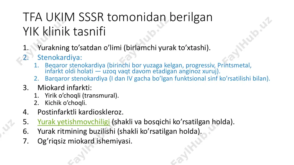 yurak ishemik kasalligida β-adrenoblokatorlar simptomatik ta’sirdan tashqari bemorning keyingi ahvoliga ham sezilari ta’sir ko’rsatadi: ularni qo’llash qorinchalar fibrillyatsiyasi (to’satdan yuzaga keladigan koronar o’limning asosiy sababchisi) va miokard infarkti (shu jumladan, takroriysi ham) rivojlanishi xavfini kamaytiradi. nojo’ya ta’sirlari: • qo’l-oyoqlarning yaxlashi; • simptomatik bradikardiya; • bronxial astma va soo’k alomatlarining kuchayishi; • jinsiy funktsiyaning buzilishi; • qo’rqinchli tushlar ko’rish; • umumiy zaiflik. https://mymedic.uz/kasalliklar/pulmonologiya/bronxial-astma/ kaltsiy kanallari blokatorlari • kaltsiy kanallari blokatorlarining ikki kichik guruhi ajratiladi: nogidropiridinli qator unumlari (masalan, verapamil va diltiazem) va digidropiridin unumlari (masalan, nifedipin va amlodipin). ushbu kichik guruh vositalari ta’siri mexanizmi bir-biridan farq qiladi, lekin ularning barchasi antianginal ta’sirga ega va stenokardiyani davolash uchun samarali hisoblanadi. kaltsiy kanallarining barcha blokatorlari kuniga bir marta qabul qilinadigan uzoq muddat ta’sir qiladigan shaklda belgilanadi. kerakli ta’sirga erishilmagan bemorlarda digidropin unumlari β-adrenoblokatorlarga qo’shilishi mumkin. kaltsiy kanallarining nodigidropiridinli blokatorlari va β-adrenoblokatorlar kombinatsiyasi tavsiya etilmaydi, chunki bunda ortiqcha bradikardiya yuzaga kelishi mumkin. β-adrenoblokatorlarga qarshi …