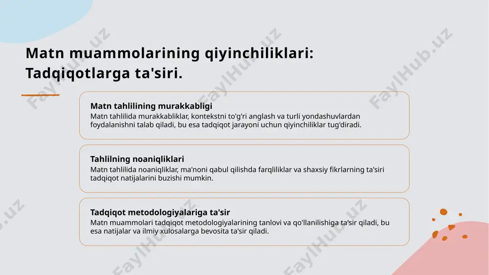 aylashtiradi. xulosa 1 matn muammolarining tahlili matn muammolarini tahlil qilish, turli sohalarda qiyinchiliklarni aniqlashga yordam beradi. bu jarayon o'zaro bog'liq ilmiy va amaliy masalalarni ochib beradi. 2 innovatsion yondashuvlar matn muammolarini hal qilishda innovatsion yondashuvlar muhim rol o'ynaydi. zamonaviy texnologiyalar va metodologiyalar yordamida samarali natijalarga erishish mumkin. 3 tadqiqotning ahamiyati tadqiqotlar matn muammolarini hal etishda asosiy omil hisoblanadi. ularning natijalari tilshunoslik, adabiyot va kompyuter fanlari kabi sohalarda amaliy ahamiyatga ega. /docprops/thumbnail.jpeg