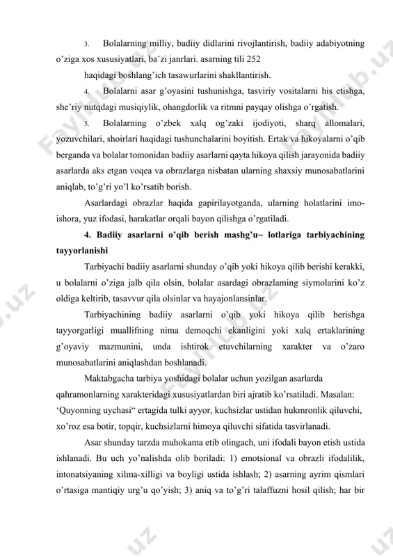 ing xarakter va o’zaro munosabatlarini aniqlashdan boshlanadi. maktabgacha tarbiya yoshidagi bolalar uchun yozilgan asarlarda qahramonlarning xarakteridagi xususiyatlardan biri ajratib ko’rsatiladi. masalan: ‘quyonning uychasi“ ertagida tulki ayyor, kuchsizlar ustidan hukmronlik qiluvchi, xo’roz esa botir, topqir, kuchsizlarni himoya qiluvchi sifatida tasvirlanadi. asar shunday tarzda muhokama etib olingach, uni ifodali bayon etish ustida ishlanadi. bu uch yo’nalishda olib boriladi: 1) emotsional va obrazli ifodalilik, intonatsiyaning xilma-xilligi va boyligi ustida ishlash; 2) asarning ayrim qismlari o’rtasiga mantiqiy urg’u qo’yish; 3) aniq va to’g’ri talaffuzni hosil qilish; har bir so’zni to’g’ri talaffuz etishga erishish kerak, shundagina bolalar uni to’g’ri idrok etadilar. tarbiyachi bunday tayyorgarlik jarayonida adabiy asarning g’oyaviy mazmuniga tushunib yetadi va matnni esda saqlay oladi, o’zining kichik tinglovchilari bilan erkin muloqotda bo’ladi va uning nutqi ravon, aniq bo’lib, ishonchli chiqadi, aytilayotgan so’z ishonarli, ta’sirchan, bolalar uchun tushunarli bo’ladi. agar tarbiyachi bolalarga tanish bo’lgan asarni o’qib yoki hikoya qilib bermoqchi bo’lsa, ilgari uni bolalarga yetkazish …