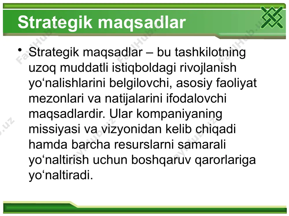 iy e’tibor korxonalarni ishlab chiqarishni kengaytirish, qayta qurish va texnika bilan qayta qurollantirish uchun mablag’ qidirib topishga rag’batlantirishga qaratilmog’i lozim. kapital sarflarni mablag’ bilan ta’minlash manbalarining strukturasi o’zgarmoqda. markazlashtirilgan tartibda beriladigan kapital sarflar ulushi ancha qisqardi. bugungi kunda kapital sarflarning qariyib to’rtdan uch qismi korxonalarning o’z mablag’laridir. strategik rejalashtirish va uni tadbiq qilish strategik rejalashtirish va uni tadbiq qilish korxona (tashkilot, firma) ning ilmiy-texnik salohiyati va uning ishlab chiqarish, xizmat ko’rsatish, sotish imkoniyatlari hisobga olingan maqsadlar erishishni asoslangan rejalar va maqsadlar orqali ishlab chiqishni ifodalaydi. tashkilot (muassasa, korxona) ning iqtisodiy siyosatini ishlab chiqish tashkilot faoliyati maqsadlarini aniqlashni, uni mos ravishda ne’matlar bilan ta’minlashni va tashkilot mavjud imkoniyatlarini baholashdan kelib chiqib, uni qisqa, o’rta va uzoq davrlarga rivojlanishini ifodalaydi. strategik reja – bu kelajakni tadqiq etish, ssenariy tahlili. strategik rejalashtirish bu chuqur atroflicha ishlab chiqilgan majmuaviy reja bo’lib, tashkilotning bosh vazifasini ro’yobga chiqarish va uning maqsadlarini amalga oshirishdir. strategik reja muayyan …