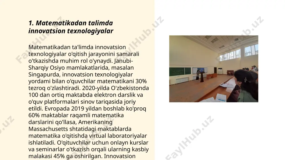 li vosita hisoblanadi. ... t.me/slaydai_bot o‘quvchilar motivatsiyasi va qiziqishini oshirish uchun bir qator strategiyalar mavjud. masalan, o‘qituvchilar o‘quv jarayonini qiziqarli va interaktiv qilish uchun zamonaviy texnologiyalarni qo‘llashlari mumkin. statistika ko‘rsatadiki, interaktiv darslar o‘quvchilarning qiziqishini 40% ga oshiradi. shuningdek, rag‘batlantiruvchi baholash tizimlari yordamida motivatsiyani 30% ga oshirish mumkin. tadqiqotlar o‘quvchilarning 90% faolligi yuqori bo‘lgan darslarda yaxshi natijalarga erishishini ko‘rsatadi. maqsadga yo‘naltirilgan ta'lim yondashuvlari, jamoaviy loyihalar va muammolarni hal qilishga yo‘naltirilgan vazifalar ham qiziqishni kuchaytiradi. shu bilan birga, ijtimoiy va hissiy ko‘nikmalarni rivojlantirish motivatsiyani qo‘llab-quvvatlaydi. o‘quvchilarning o‘zaro munosabatlari va ular orasida raqobat muhitini yaratish qiziqishni 25% ga oshiradi. o‘zaro hamkorlik va ijodiy muhit yaratish, shuningdek, maxsus qiziqish klublari tashkil qilish ham ko‘zlangan natijalarni beradi. matematika õqitishda innavatsion yondashuv andijon davlat universiteti boshlang'ich ta'lim yo'nalishi 540-guruh talabasi umarova arofatning pedagogika innovatsion va integratsiya fanidan taqdimoti e'tiboringiz uchun raxmat! image1.png image2.png image3.png image4.jpg image5.png image6.png /docprops/thumbnail.jpeg