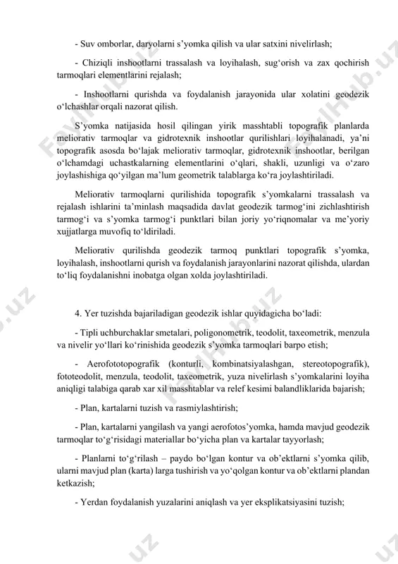 , kollektorlar va boshqalarga bo‘linadi.. meliorativ tadbirlar: gidromeliorativ va agromeliorativ turlariga bo‘linadi. gidromeliorativ tadbirlar suvni ajratish (zax qochirish) yoki suvni berish (sug‘orish, suv bilan ta’minlash) ishlariga, agromeliorativ tadbirlar esa tuproqning aktiv qatlamida namlik zaxirasini va suv o‘tkazuvchanlikni oshirish va yer ustidagi suvlar okimining sharoitini yaxshilashga karatilgan. meliorativ ishlarga muxtoj joylarda quyidagi geodezik ishlar olib boriladi: - meliorativ qurilish hududida planlik va balandlik geodezik asoslash (s’yomka geodezik tarmoq) ni barpo etish; - topografik s’yomkani bajarish; - vertikal tekislash uchun maydonlarda yuza nivelirlash va trassani nivelirlash ishlarini bajarish; - plan (karta) va profillarni tuzish; - suv omborlar, daryolarni s’yomka qilish va ular satxini nivelirlash; - chiziqli inshootlarni trassalash va loyihalash, sug‘orish va zax qochirish tarmoqlari elementlarini rejalash; - inshootlarni qurishda va foydalanish jarayonida ular xolatini geodezik o‘lchashlar orqali nazorat qilish. s’yomka natijasida hosil qilingan yirik masshtabli topografik planlarda meliorativ tarmoqlar va gidrotexnik inshootlar qurilishlari loyihalanadi, ya’ni topografik asosda bo‘lajak meliorativ tarmoqlar, gidrotexnik …