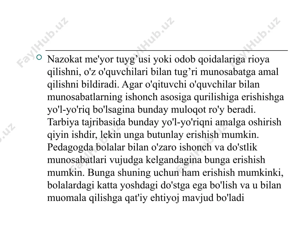 liyat olayotganliklarini tasavvur etishlari lozim. o’qituvchilik sha‘ni, qadr qimmati. o’qituvchilik sha‘ni, qadr – qimmati. umuminsoniy va milliy axloqning muhim belgilaridan biri insoniylik sha‘ni, kadr – kimmatidir. insonning kadr – kimmati uning mansabi, kasb – koridan ko’ra ham ko’proq o’z kasbini qanday bajarishiga, uning odobi va xulq – atvoriga bog’liq. bu fazilat o’qituvchi odobida muallimning kadr – kimmati, sha‘ni deb ataladi. u, avvalo, o’qituvchidan o’z ishining ustasi, kamtar bo’lishni, shu bilan birga pedagoglar va o’quvchilar jamoasida o’zini tuta bilishni talab etadi. pedagogik nazokat juda murakkab sifat bo’lib, quyidagi komponentlari tarkibiy qismlari mavjud : o’quvchini hurmat qilish va unga nisbatan talabchanlik ; faoliyatning hamma turlarida o’quvchilarning mustaqilligini rivojlantirish va ularning ishiga qat‘iy pedagogik rahbarlik qilish; o’qituvchining o’quvchi psixik holatiga nisbatan diqqat bilan qarashi va o’quv mashgulotlarini bajarayotganida unga nisbatan talablarning izchilligi. o’quvchilarning tafakkur holida iroda aktivligini rivojlantirish, o’quv ishida ularga har tomonlama yordam berish, ularga nisbatan mehribon va g’amxo’r bo’lish ; o’qituvchining …