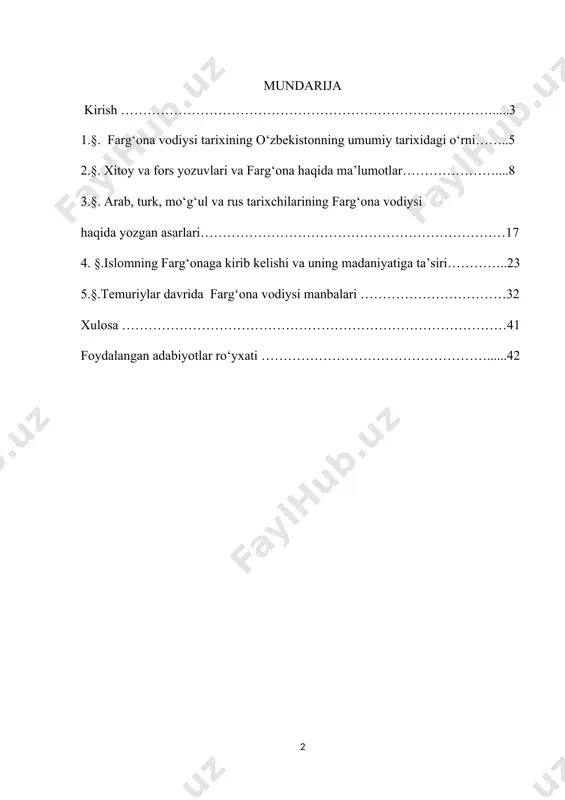 borasida bir qator yirik olimlar tomonidan ilmiy izlanishlar olib borilgan. jumladan, a. yu. yakubovskiy, v. v. barthold, b. ahmedov, a. asqarov, m. xayitmetov singari tarixchilarning asarlarida farg‘ona vodiysining qadimgi va o‘rta asrlar davriga oid siyosiy va iqtisodiy holatlar chuqur tahlil etilgan. mustaqillikdan so‘ng bu yo‘nalishda yangi yondashuvlar paydo bo‘lib, mahalliy tadqiqotchilar – z. xusanboyeva, x. to‘xtaboyev, f. umarov va boshqalar tomonidan yozilgan maqolalar va monografiyalarda vodiyning ijtimoiy-siyosiy tarixi, shuningdek, arxiv materiallariga asoslangan manbashunoslik yondashuvlari boyitildi.[footnoteref:2] shunga qaramay, mavjud manbalarni umumlashtirish, ularni zamonaviy tarixiy tahlil mezonlari asosida qayta baholash dolzarb masala bo‘lib qolmoqda. [2: z. xusanboyeva. farg‘ona vodiysi ijtimoiy-siyosiy tarixining ayrim masalalari. – toshkent: fan, 2005;] kurs ishining maqsad va vazifalari. kurs ishining asosiy maqsadi – farg‘ona vodiysi tarixini yoritishda asos bo‘lib xizmat qiladigan muhim manbalarni tahlil qilish, ularning ilmiy ahamiyatini ochib berish va ular asosida vodiyning tarixiy jarayonlarini yoritish imkoniyatlarini ko‘rsatib berishdir. ushbu maqsadga erishish uchun quyidagi vazifalar belgilandi: · …