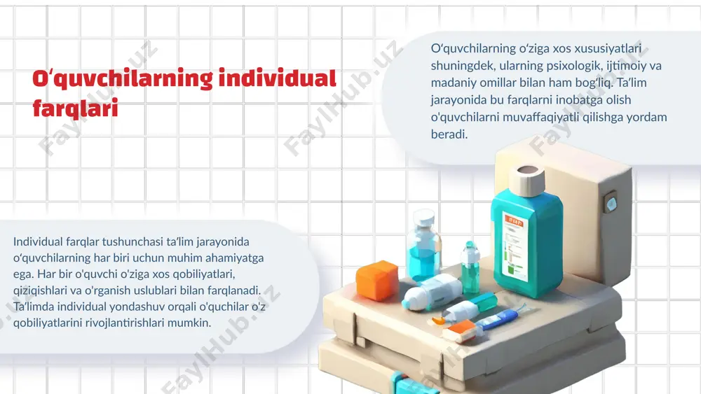 ion yondashuvlar taʼlim va tarbiyani birlashtirishda muhim rol o'ynaydi. o'qituvchi a. karimov ijodkorlik taʼlim jarayonida muhim ahamiyatga ega. oʻqituvchi innovatsion yondashuvlar taʼlim va tarbiyada samaradorlikni oshiradi. oʻzbekiston taʼlim vazirligi xulosa taʼlim psixologiyasi taʼsiri o‘quv jarayonining muvaffaqiyatida muhim rol o‘ynaydi. o‘quvchilarning o‘rganish jarayonida psixologik tamoyillarni bilish, ularga to‘g‘ri yondashuvni tanlashda yordam beradi. motivatsiya taʼlim jarayonida o‘ta muhim ahamiyatga ega. o‘quvchilarni o‘qishga rag‘batlantirish uchun turli usullarni qo‘llash, ularning motivatsiyasini oshirishga yordam beradi. shu bilan birga, motivatsiyani oshirish uchun muhitni yaxshilash ham zarur. o‘quv muhitining psixologik jihatlari taʼlim jarayonining samaradorligini belgilaydi. o‘qituvchilar o‘quvchilarga psixologik xavfsizlikni taʼminlash va ularning individual ehtiyojlarini inobatga olish orqali o‘quv muhitini yaxshilashga yordam berishlari kerak. foydalanilgan adabiyotlar 1. sultonov, a. taʼlim psixologiyasiga kirish. oʻzbekiston respublikasi oliy va oʻrta maxsus taʼlim vazirligi, 2022 2. toshpulatov, m. oʻquv jarayonida motivatsiya. oʻzbekiston davlat pedagogika universiteti, 2021 3. qodirov, m. tarbiya jarayonida psixologik omillar. oʻzbekiston psixologiya jamiyati, 2020 4. rahmonov, j. innovatsion yondashuvlar: …