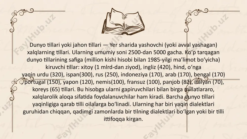 lar kiradi. slavyan tillari guruhida: sharqiy slavyan — rus, ukrain va belorus; gʻarbiy slavyan — polyak, chex, slovak, lujitsa va ulik polab tillari; jan. slavyan tillari guruhida esa serb-xorvat, sloveniya, bolgar, makedon, shuningdek, eski slavyan tillari bor. grek, arman va alban tillari hind-yevropa tillari oilasining alohida guruhini tashkil etadi. xet tili, tohar tili, frigiy, frakiy, illiriy va b. tillar koʻhna hind-yevropa tillaridan hisoblanadi. som-xom tillari (anʼanaga koʻra afrika-osiyo tillari oilasi deb ham ataladi) tarkibiga som tillari(ulik akkad, eblait, koʻhna xanaan, qad. yahudiy, qad. oromiy, efiop va b. tillar, shuningdek, xoz. ivrit, arab, amhara, tikrika va b. tillar), barbaraliviya, chad (bular orasida eng koʻp tarqalgan — xausa), kushit (somali, galla va b.), allaqachon ulik tilga aylangan misr tili, undan kelib chiqqan kott tili kiradi. finugor tillari, bir tomondan, ugor tillari (venger, xanti va mansi tillari)ga, ikkinchi tomondan, 4 guruhchaga: perm (udmurt, komiziryan va komipermyak) tillari, volga (mari va mordva) tillari, boltiq …
