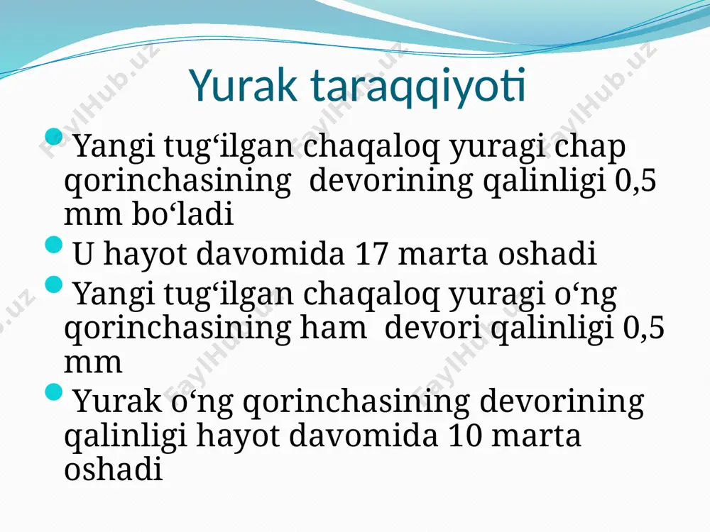 auskultatsiyasi auskultatsiya klapanlar sohasida hosil boladigan tovushlar yaxshi eshitiladigan joylarda quyidagi tartibda eshitiladi: 1-nuqta – yurak cho‘qqisi, yurak cho‘qqi turtkisi sohasi – mitral klapanni eshitish nuqtasi 2-nuqta – to‘shdan o‘ng tomonda ii qovurg‘a oralig‘i – aorta klapanini eshitish nuqtasi 3-nuqta – to‘shdan chap tomonda ii qovurg‘a oralig‘i – o‘pka arteriyasi klapanini eshitish nuqtasi 4-nuqta – xanjarsimon o‘simta asosida o‘ng tomonda – 3 tavaqali klapanni eshitish nuqtasi 5-nuqta (botkin-erb nuqtasi) – chap tomonda iii-iv qovurg‘alarni to‘shga birikkan joyi – aortal va mitral klapanlarni qo‘shimcha eshitish nuqtasi a – mitral klapan b – aorta klapani v – o‘pka arteriyasi klapani g – uch tavaqali klapan 1 yoshdan katta bolalar uchun normal arterial bosim formulasi o‘rtacha sistolik bosim: 90+2n o‘rtacha diastolik bosim: 60+n maksimal sistolik bosim: 105+2n maksimal diastolik bosim: 75+n minimal sistolik bosim: 60+2n minimal diastolik bosim: 60+n izoh: n – bolaning yoshi qiz bolalar uchun topilgan sistolik bosimdan 5 ni ayirish …