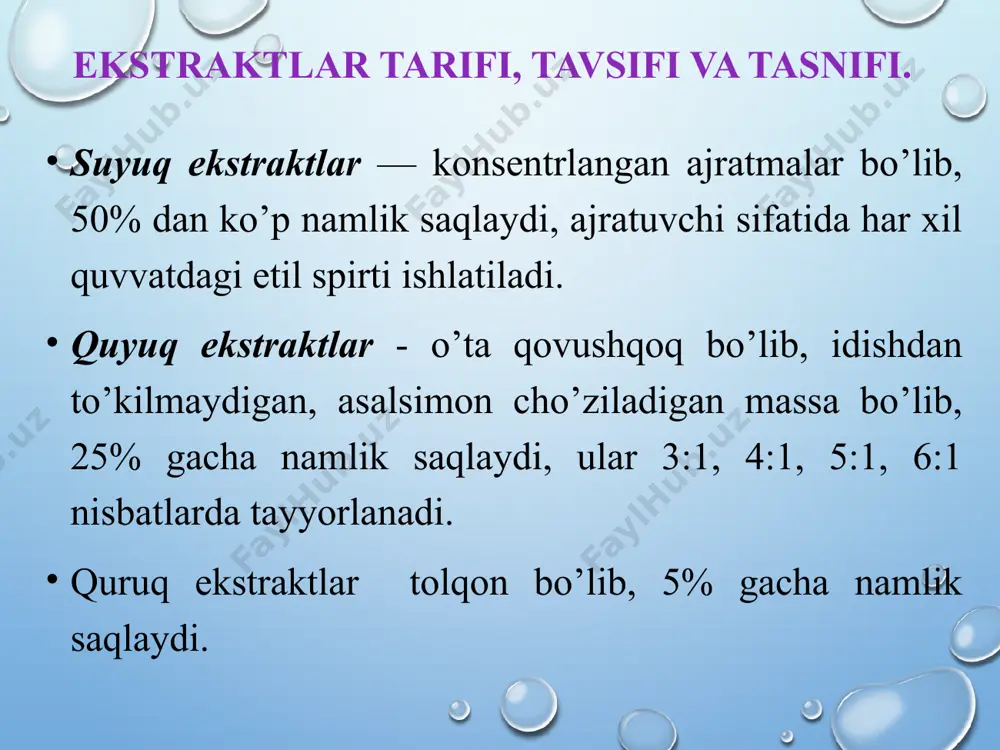 raktlar, murakkab tolqonlar, eritmalar, shamchalar, tabletkalar, qiyomlar ishlab chiqariщda, ayrimlari esa xab dorilar tayyorlashda to’ldiruvchi bo’lib xizmat qiladi. quyuq va quruq ekstraktlar ishlab chiqarish ajratmani yot moddalardan tozalash, bg’latish yoki quritish va qadoqlash kabi texnologik bosqichlardan iborat bo’ladi. ajratma olishda nastoyka va suyuq ekstraktlar tayyorlashdagi hamma usullardan foydalanish mumkin. shu bilan birga quyuq va quruq ekstraktlar ishlab chiqarishda o’ziga xos ajratma olish usullari ham mavjud qarshi va aylanma (sirkulyasion) usulda ajratma olish shular jumlasiga kiradi. bu usullarni qo’llashdan maqsad imkoni boricha oz miqdorda ajratuvchi sarflab, uz luksiz konsentrlangan ajratma olishdir. bu esa katta iqtisodiy axamiyatga egadir. qarshi oqimda ajratma olish o’z navbatida ikkiga bo’linadi: birinchi usulga asoslangan asbob-uskunalarda xom ashyo xarakatlanmaydi, ajratuvchi esa perkolyatorning pastki tomonidan qarshi oqin bo’yicha xarakat qiladi, natijada xom ashyo bir tekis namlanadi va xavoni siqib chiqaradi. bu maqsadda 5 tadan 16 tagacha perkolyatorlar naylar yordamida o’zaro birlashtirilib, bir butun qurilma xosil qilinadi. olim va mutaxassislarning …