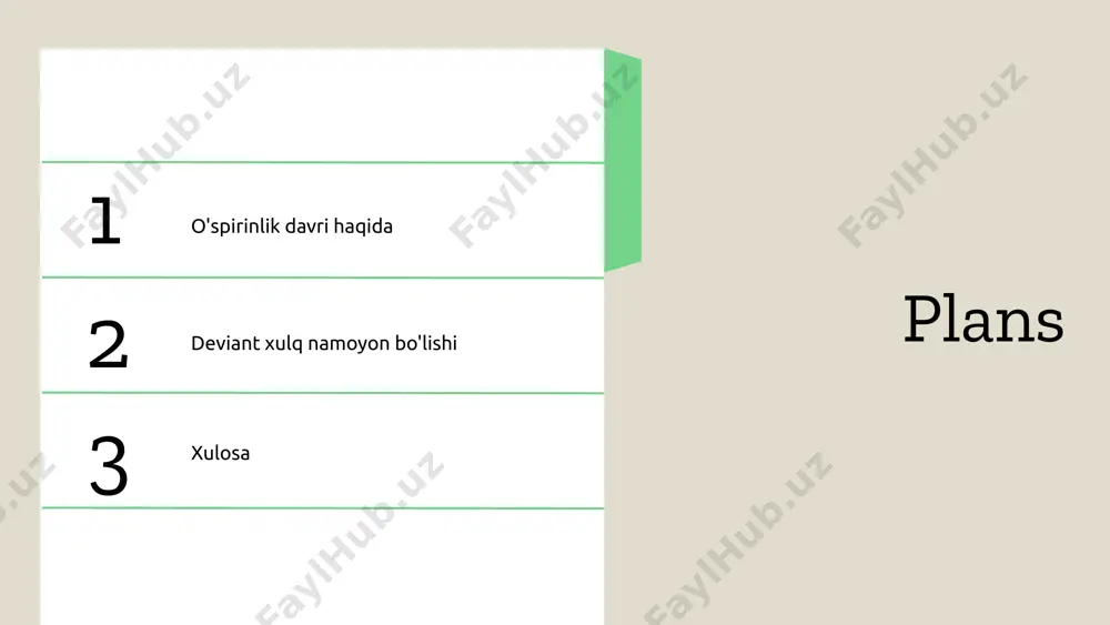 ovchilikka olib kelishi mumkin. bunday muammolar, o'spirinlarning o'zlarini tushunishi va jamiyatda o'z o'rnini topishiga to'sqinlik qiladi. masalan, do'stlar bilan muloqotda qiyinchiliklar, o'spirinlarning ichki stressini oshirishi mumkin. qonunbuzarliklar o'spirinlik davrida qonunbuzarliklar, masalan, o'g'irlik, vandalizm yoki giyohvand moddalar bilan bog'liq jinoyatlar ko'proq uchraydi. bunday xulq-atvor, o'spirinlarning qoidalar va me'yorlarga nisbatan isyonkorliklarini aks ettiradi. qonunbuzarliklar o'z-o'zini ifodalash yoki ijtimoiy tanqidga javob sifatida ham ko'rilishi mumkin. ijtimoiy ta'sirlar o'spirinlik davrida deviant xulq-atvor ko'pincha ijtimoiy omillar bilan bog'liqdir. masalan, oilaviy muhit, do'stlar ta'siri va jamiyatning normativ qadriyatlari o'spirinlarning xulq-atvorini shakllantiradi. o'ziga xos xulq-atvor o'spirinlar orasida o'ziga xos deviant xulq-atvorlar ham uchraydi. bunga ekstremal sportlar, o'ziga qaramlik yoki internetdagi qiziqarli xatti-harakatlar kiradi. bu xulq-atvorlar, ko'pincha o'spirinlarning o'zligini izlash jarayoni bilan bog'liq. title: deviant xulq atvorning sabablari va ta'siri subtitle: o'spirinlik davrida deviant xulq atvor bullet points: - ijtimoiy ta'sirlar: o'spirinlar ko'pincha tengdoshlari va jamiyatning normativ talablariga moslashishni o'rganishadi, bu esa deviant xulq atvorini keltirib chiqarishi mumkin. …