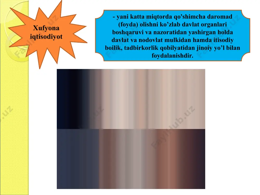 h mezoni hisoblanadi. ushbu mezondan tasniflash tizimi uchun asos sifatida foydalangan holda, e. fayg xufyona itisodiy harakatlarning turtta hilini ajratadi : nolegal iqtisodiyot nolegal iqtisodiyot giyohvandlik moddalarini noqonuniy ishlab chikarish, choyovchilar tomonidan valyuta ayirboshlanishi va h.k. hisobga olinmagan iqtisodiyot ro’yxatga olinagan iqtisodiyot ro’yhatga olinmagan itisodiyot hukumat statistikasi organarining talablariga ko’ra belgilangan institutsional qoydaliklarni chetlab o'tuvchi iqtisodiy faoliyat turidan tarkib topgan milliy daromadni hisoblash metodikasi uyida ishlab chiqarishning milliy hizobga kiritilishini nazarda tutsa-da, maskur sektor, odatda, uni o’lchashning qiyinligi tufaili, etibordan chetda qoladi. e. faygning takidlashicha, uy ishlab chiqarishning mavjud baholari shuni kursatmoodaki, u rivojlangan mamlakatlarda ro’yhatga olingan yaimning 25-50 foizi tashkil qiladi. 3 norasmiy iqtisodiyot norasmiy iqtisodiyot jamiyat foydasini hamda mulkchilik munosabatlarini, litsenziyalashni, mehnat shartnomalarini moliyaviy kreditlash va ijtimoiy sug’urtalash munosabatlarini tartibga soluvchi qonunlar va mamuriy qoidalar bilan belgilangan huquqlarni buzgan holda alohida xarajatlarni tejovchi iqtisodiy faoliyatni o’z ichiga oladi. 4 , xufyona xo’jalik aylanmasi, tabiiyki, rasmiy statistikaga kiritilmasligi bois, …