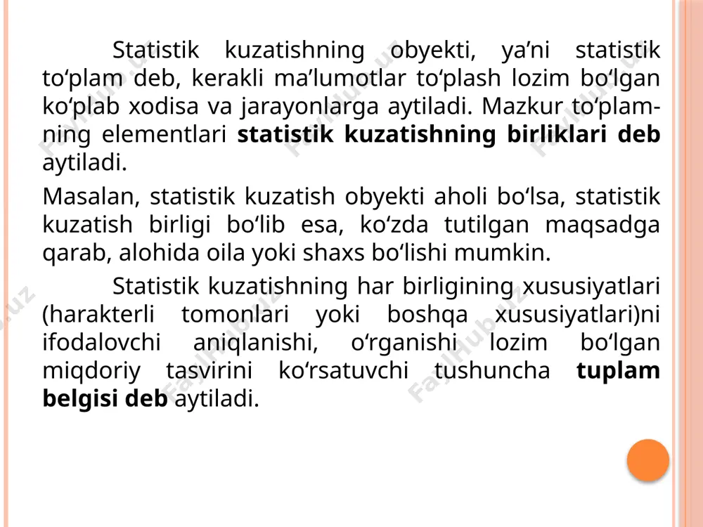 isi-ga ega bo’l-gan birlikdir. kuzatish bir-ligi bo’lib, aholi ro’yxa-tida har bir shaxs, korxo-nalar ro’yxa-tida har bir korxona hi-soblanadi bu berilgan sa-vollarga olin-gan javoblar to’ldirilgan huj-jat. u ikki xil bo’ladi: a) alo-hida shakldagi formulyar. un-ga tijorat korxo-nasining yillik hisobotini misol keltirish mum-kin.b)ro’yxat shaklidagi for-mulyar. unda bitta emas, bal-ki bir nechta hisob birliklari haqida ma’lu-mot keltiriladi bu statis-tik kuza-tish dastu-ridagi bar-cha savol-larga to’g’-ri, aniq va bir xilda javob qay-tarishni ta’minlaydigan ko’r-satmalar, tushuntirish va tal-qinlar to’plami statistik kuzatishning tashkiliy masalalari quyidagilarni o’z ichiga oladi: kuzatish organi; kuzatish vaqti va muddati; kuzatish joyi; boshqa tashkiliy masalalar. kuzatish organi - bu har qanday statistik kuzatishni bevosita tashkil qiladigan va o’tkazadigan tashkilotdir. kuzatish vaqti va muddati - deganda statistik kuzatish qachon (qaysi vaqtda) va necha kunda amalga oshirilishi tushuniladi. kritik fursat (moment) - bu hodisa va voqealarning ma’lum bir nuqtaga bo’lgan holatidir. kuzatish qaerda o’tkazilsa o’sha joy kuzatish joyi deyiladi. 4. statistik kuzatish ma’lumotlarini qabul qilish …