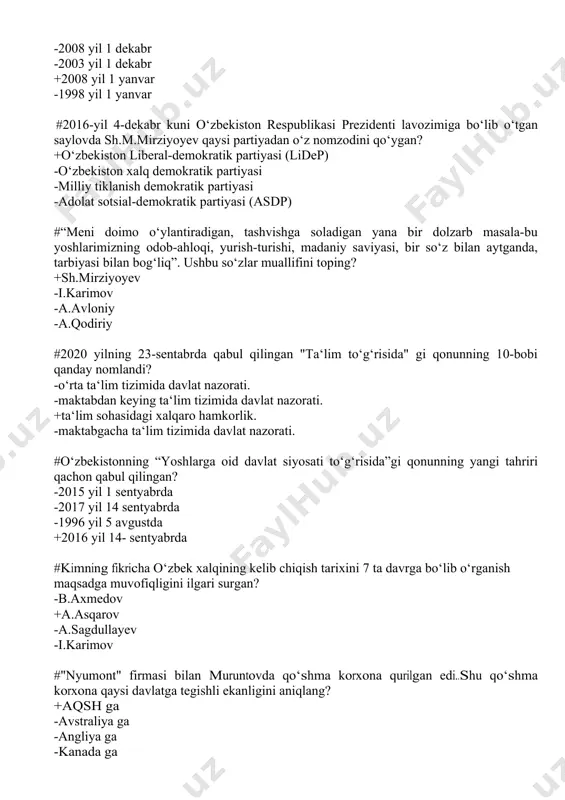 ligini aniqlang? +aqsh ga -avstraliya ga -angliya ga -kanada ga #nechinchi yilda mustaqil davlatlar hamdo‘stligiga asos solindi? -1989-yil -1990-yil +1991-yil -1992-yil #“bizning bosh strategik maqsadimiz qat‘iy va o‘zgarmas bo‘lib, bozor iqtisodiyotiga asoslangan erkin demokratik davlat barpo etish, fuqorolik jamiyatining mustahkam poydevorini shakllantirishdan iborat” deb kim ta‘kidlagan edi? -sh. mirziyoyevga +i.karimovga -sh. rashidovga -n. nazarboyevga #“kasaba uyushmalari to‘g‘risida” yangi tahrirda qonun qachon qabul qilingan? -2020-yil -2018-yil +2019-yil -2017-yil #“milliy tarixni milliy ruh bilan yaratish kerak. aks holda uning tarbiyaviy ta’siri bo‘lmaydi. biz yoshlarimizni tarixdan saboq olish, xulosa chiqarishga o‘rgatishimiz, ularni tarix ilmi, tarixiy tafakkur bilan qurollantirishimiz zarur”. ushbu so‘zlar muallifini aniqlang? -i.karimov -a.temur +sh.mirziyoyev -sh.rashidov #o‘zbekiston respublikasida qaysi yili “kichik biznes va tadbirkorlik yili”deb e`lon qilindi? +2011-yil -2017-yil -2009-yil -2008-yil #o‘zbekistonning birinchi prezidenti i.a.karimovning o‘zbekistonning yangi tarixini tayyorlash va nashr qilish haqidagi qarori qabul qilingan sanani toping? +1996-yil 13-dekabr -1997-yil 13-dekabr -1998-yil 13-dekabr -1999-yil 13-dekabr #mahalla so‘zi qaysi so‘zdan olingan? +arabcha …