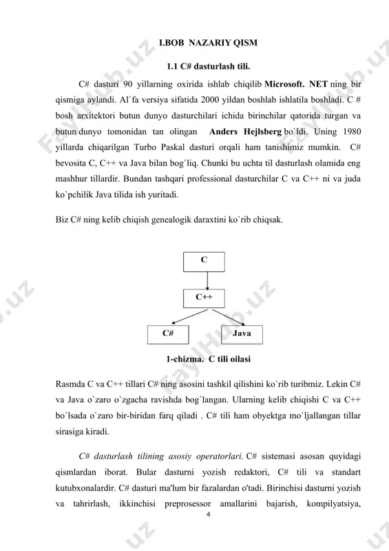 z standart chiqish oqimi obyekti writeline ga (writeline - console out) jo'natiladi. normal sharoitda bu oqim ekranga ulangandir. c# da satrlar (string) qo'shtirnoqlar (") orasida bo'ladi. bitta harfli literalar esa bitta tirnoq - apostrof (') ichiga olinadi. misol uchun: 'a','$'. bitta harf yoki belgini qo'shtirnoq ichiga olsa u satr kabi qabul qilinadi. console.writeline operatori oqimga kiritish operatori deyiladi. programma ijro etilganda console.readline operatorining o'ng tomonidagi argument ekranga yuboriladi. bunda ekranga qo'shtirnoq ("...") ichidagi narsa bosib chiqariladi. lekin e'tibor bersak, \n belgisi bosilmadi. \ (teskari kasr - backslash) belgisi maxsus ma'noga ega. u o'zidan keyin kelgan belgi oqim buyrug'i yoki manipulyatori ekanligini bildiradi. shunda \ belgisi bilan undan keyin kelgan belgi buyruq ketma-ketligida aylanadi. bularning ro'yxatini beraylik. \n - yangi satr. kursor yangi qator boshidan joy oladi. \t - gorizontal tabulyatsiya (kursor bir-necha harf o'nga siljiydi). \v - vertikal tabulyatsiya (bir-necha satr tashlanib o'tiladi). \r - qaytish. kursor ayni satr boshiga …