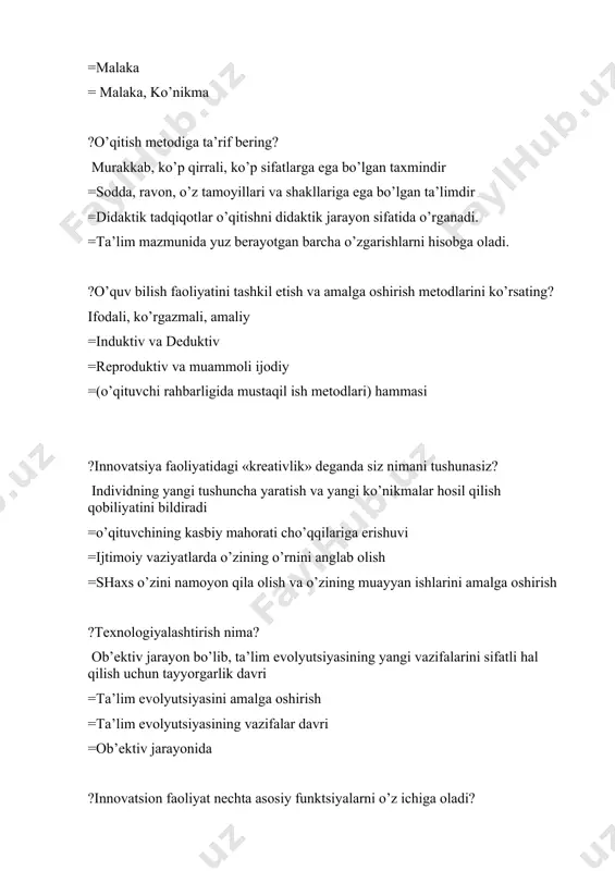i o’quv materialiga urg’u berilib o’tishi kerak =talaba bilan individual suhbat qila bilishi kerak ?ta’lim mazmunini saralashda pt qonuniyatlari nimalardan iborat? o’quvchilarni o’zlashtirish qobiliyatini hisobga olgan holda saralash =ta’lim maqsadiga mos holda saralash =fan rivojining abstraktsiya pogonalari va o’quvchining o’zlashtirish faoliyati darajalari, ta’lim maqsad =kognitiv nazariyasi asoslangan qonuniyat ?test – bu .... nazorat =topshiriq =sinov =topshiriq va etalon ?kadrlar tayyorlash milliy modelining qaysi komponentlari o’quvchi faoliyatining ilmiy metodik ta’minotini ta’minlaydi? shaxs, ishlab chiqarish, fan davlat va jamiyat =shaxs, ishlab chiqarish =fan, shaxs, ishlab chiqarish =davlat va jamiyat, fan ?o’qituvchining pedagogik faoliyati turlari bu ... konstruktiv, tadqiqotchilik, kommunikativ, tashkilotchilik, gnostik =ta’lim beruvchi, tarbiyalovchi, rivojlantiruvchi =o’quvchi faoliyatini tashkil etish va boshqarish =shakllantiruvchi va rivojlantiruvchi ?ta’lim mazmunini tanlash tamoyillari nechta? 6 =5 =3 =2 ?masofadan o’qitishning tarkibiy belgilari? o’qituvchi kommunikatsiya o’quvchi =o’quvchi o’qituvchi kommunikatsiya =kommunikatsiya o’qituvchi o’quvchi =o’qituvchi o’quvchi kommunikatsiya ?masofadan o’qitish uslubiy materiallari? darslik, audio va video darsliklar, onlayn darslar (internet saxifa), …
