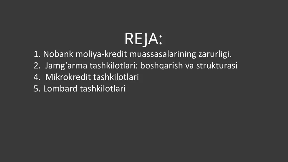 paniyalari. nobank kredit tashkilotlari faoliyatidagi quyidagi xos xususiyatlariga ega: nobank kredit tashkilotlari faqat alohida olingan bank operatsiyalarini amalga oshiradi. nobank kredit tashkilotlari faoliyati tor doirada ixtisoslashgan bo‘ladi. bu ularni raqobatbardoshligini ta’minlash imkoniyatini beradi. chunki nobank kredit tashkilotlari bitta sohada sifatli va arzon bitta mahsulot yarata oladi. nobank kredit tashkilotlari faoliyati past riskli hisoblanadi. nobank kredit tashkilotlari faoliyati markaziy bank tomonidan tijorat banklari faoliyati kabi qattiq nazorat qilinmaydi nobank kredit tashkilotlarining resurs bazasi quyidagi manbalardan tashkil topadi: a)ustav kapitali b)boshqa tashkilotlarga berilgan moliyaviy yordam c)o‘zining a’zolaridan jalb qilingan pul mablag‘lari d)tijorat banklarining kreditlari e)sof foyda f)foyda hisobidan shakllantirilgan zaxiralar g)o‘tgan yillarning taqsimlanmagan foydasi nobank kredit tashkilotlarining aktiv operatsiyalari ularning faoliyati yo‘nalishlariga mos ravishda shakllanadi. masalan: kredit uyushmalari o‘zlariga a’zo bo‘lgaan subyektlarni kreditlash maqsadida tashkil etiladi. shu sababli kredit uyushmalari bitta aktiv operatsiyaga ega.u ham bo‘lsa kredit operatsiyasidir. mikrokredit tashkilotlari aholining iqtisodiy lekin kambag‘al qatlamlariga kredit beradi. mikrokredit tashkilotlarining asosiy aktiv operatsiyasi …