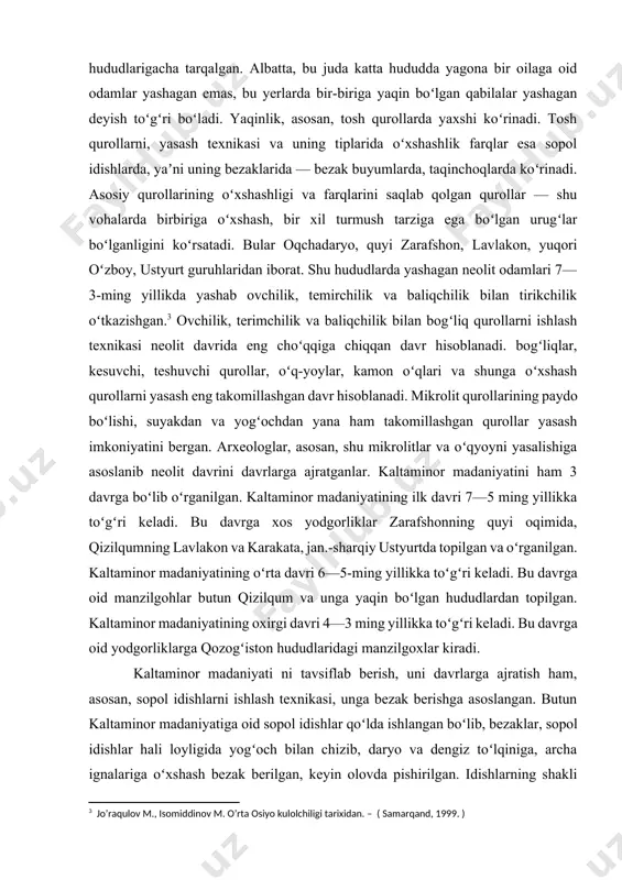 choʻqqiga chiqqan davr hisoblanadi. bogʻliqlar, kesuvchi, teshuvchi qurollar, oʻq-yoylar, kamon oʻqlari va shunga oʻxshash qurollarni yasash eng takomillashgan davr hisoblanadi. mikrolit qurollarining paydo boʻlishi, suyakdan va yogʻochdan yana ham takomillashgan qurollar yasash imkoniyatini bergan. arxeologlar, asosan, shu mikrolitlar va oʻqyoyni yasalishiga asoslanib neolit davrini davrlarga ajratganlar. kaltaminor madaniyatini ham 3 davrga boʻlib oʻrganilgan. kaltaminor madaniyatining ilk davri 7—5 ming yillikka toʻgʻri keladi. bu davrga xos yodgorliklar zarafshonning quyi oqimida, qizilqumning lavlakon va karakata, jan.-sharqiy ustyurtda topilgan va oʻrganilgan. kaltaminor madaniyatining oʻrta davri 6—5-ming yillikka toʻgʻri keladi. bu davrga oid manzilgohlar butun qizilqum va unga yaqin boʻlgan hududlardan topilgan. kaltaminor madaniyatining oxirgi davri 4—3 ming yillikka toʻgʻri keladi. bu davrga oid yodgorliklarga qozogʻiston hududlaridagi manzilgoxlar kiradi. [3: jo’raqulov m., isomiddinov m. o’rta osiyo kulolchiligi tarixidan. – ( samarqand, 1999. ) ] kaltaminor madaniyati ni tavsiflab berish, uni davrlarga ajratish ham, asosan, sopol idishlarni ishlash texnikasi, unga bezak berishga asoslangan. butun kaltaminor …