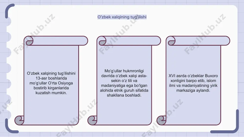 arga ega boy tarixga ega. oʻzbekistondagi eng mashhur tarixiy obidalar qatoriga buxoro arki, samarqandning registon maydoni va xiva minorasi kiradi. bu diqqatga sazovor joylar nafaqat tarixiy ahamiyati, balki me’moriy go‘zalligi bilan ham muhim ahamiyatga ega. o'zbekistonning markaziy osiyoga ta'siri markaziy osiyoda joylashgan o‘zbekiston qadim zamonlarga borib taqaladigan boy tarixga ega. u mintaqadagi yirik savdo va madaniyat markazi bo'lgan. o'zbekiston markaziy osiyoning rivojlanishiga katta ta'sir ko'rsatdi. o'zbekistonning kelajak istiqbollari oʻzbekiston tarixi qadim zamonlardan boshlanadi, mintaqa turli imperiyalar va sivilizatsiyalar taʼsirida boʻlgan. o‘zbekiston 1991-yilda sovet ittifoqi parchalanib, mustaqillikka erishdi va o‘shandan buyon o‘z e’tiborini o‘z xalqining zamonaviy va farovon kelajagini qurishga qaratmoqda. hukumat tomonidan xorijiy sarmoyalarni jalb etish, tadbirkorlikni rivojlantirish, turizmni rivojlantirish borasida islohotlar amalga oshirilayotgani o‘zbekistonning istiqboli porloq. e'tiboringiz uchun rahmat